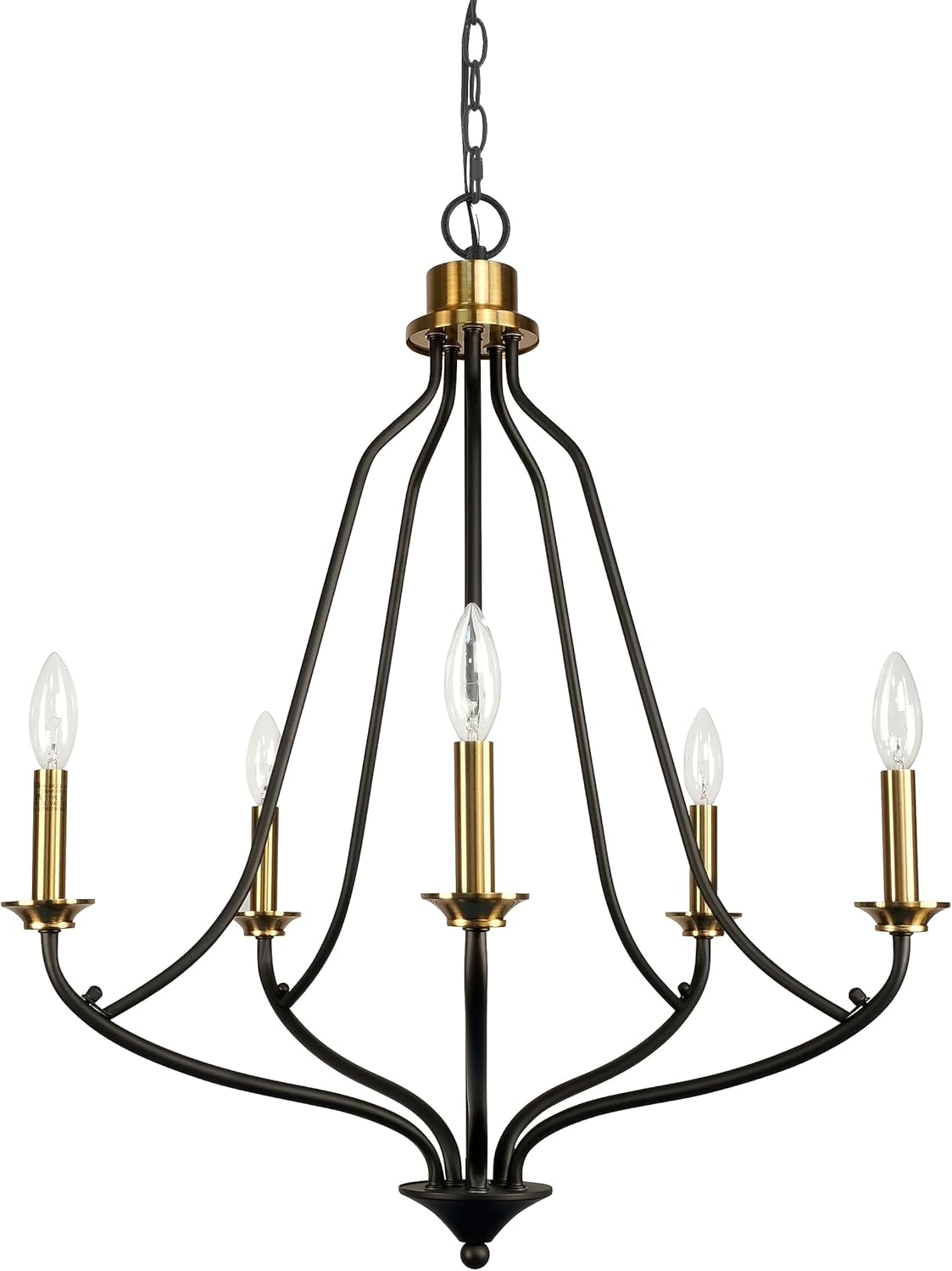 Candelabro de 5 luces color negro mate y latón, 25 pulgadas, color dorado cepillado, iluminación colgante moderna para isla de cocina, comedor y