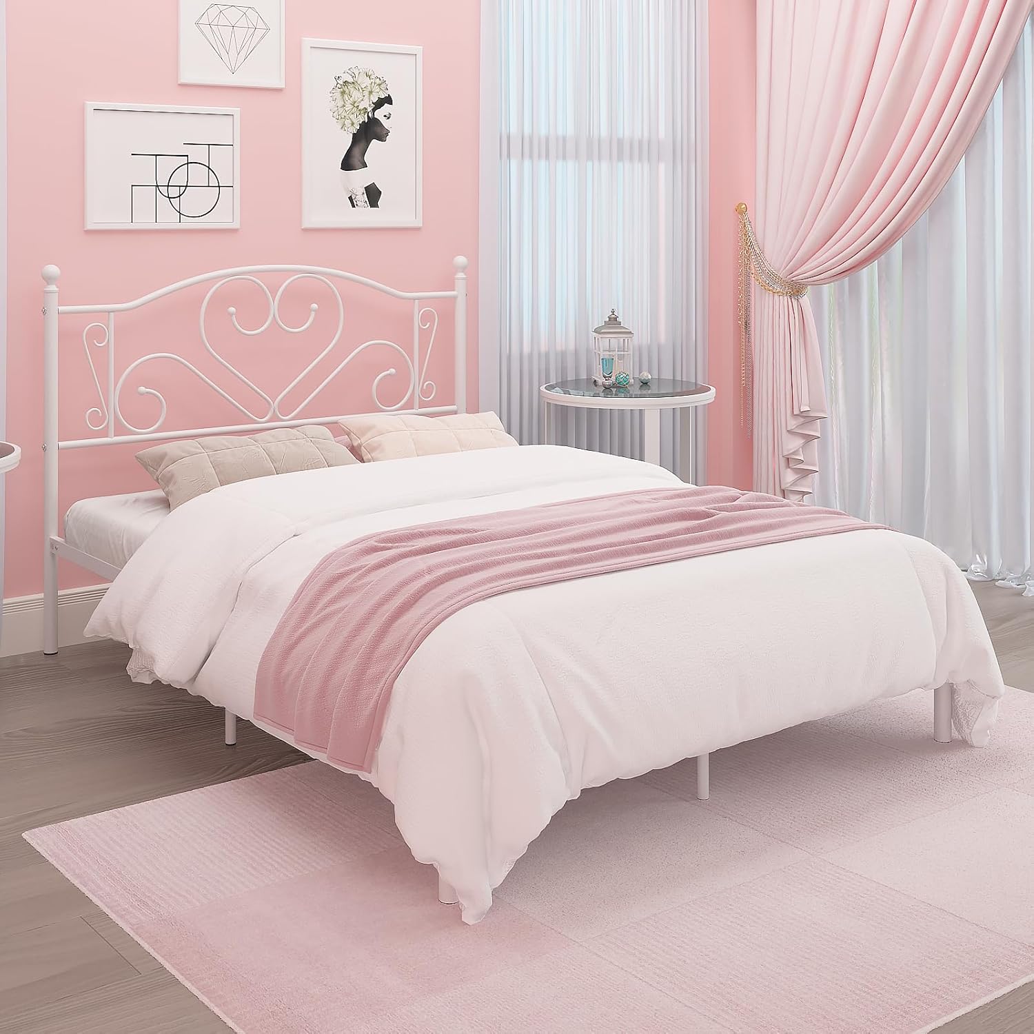 Weehom Base de cama de tamaño matrimonial con cabecero, plataforma de soporte de listones de acero resistente debajo de la cama, espacio de