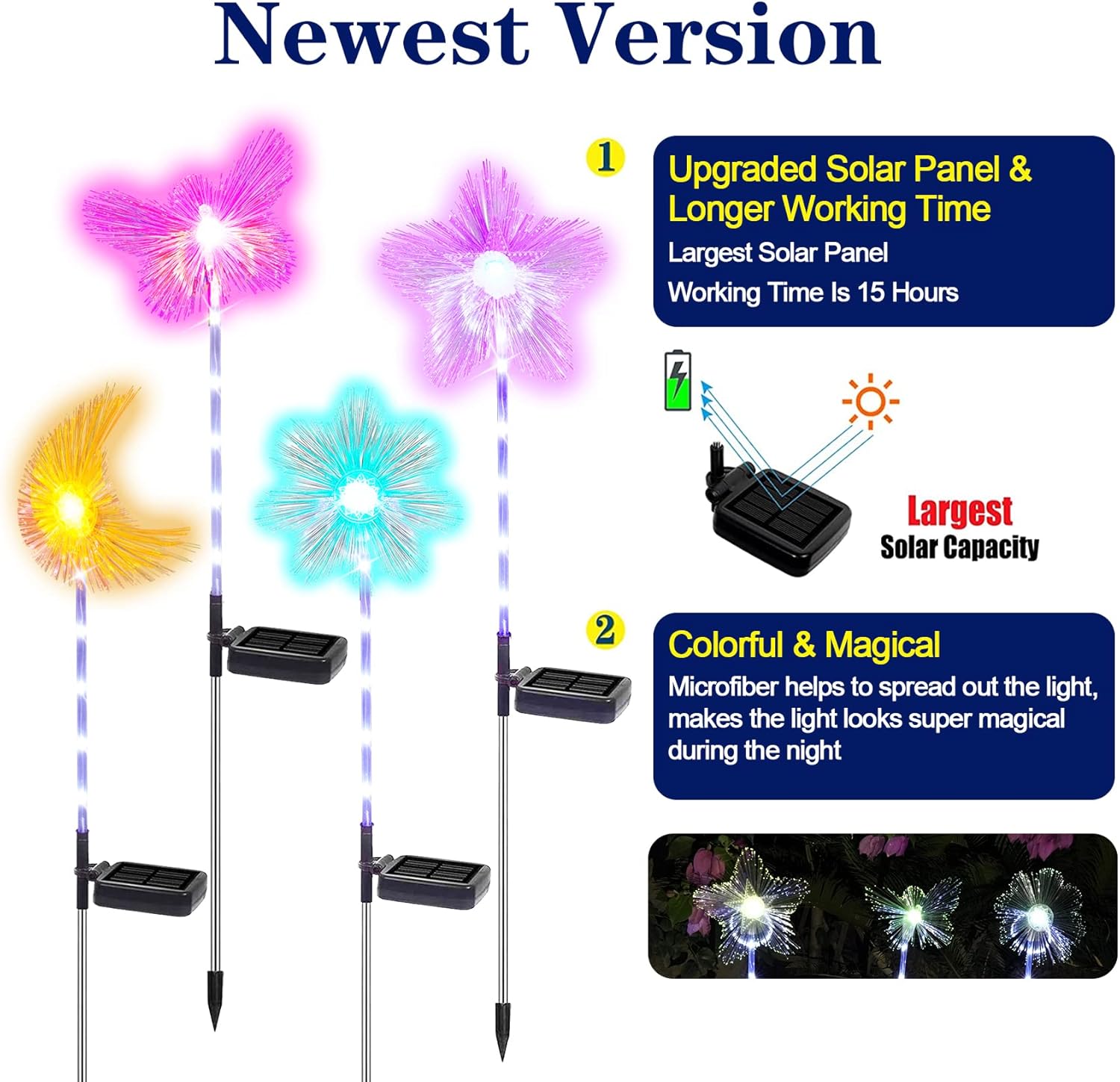 TONULAX Luces solares de estaca de jardín, luces RGB de microfibra que cambian de color, luces solares para caminos, luces solares para exteriores,