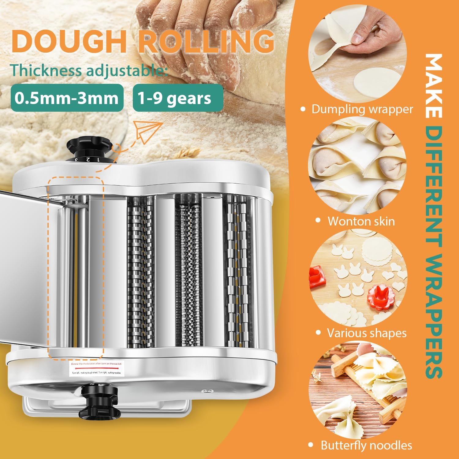 Newhai Máquina eléctrica para hacer pasta, máquina para fabricar fideos familiares, rodillo de masa de 0.098 in, espagueti, 0.157 in de ancho, 0.354