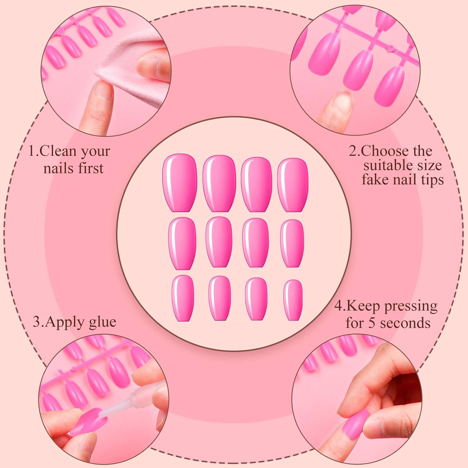 720 piezas de uñas postizas cortas, uñas postizas cuadradas medianas, uñas postizas artificiales de cobertura completa, uñas postizas a presión,