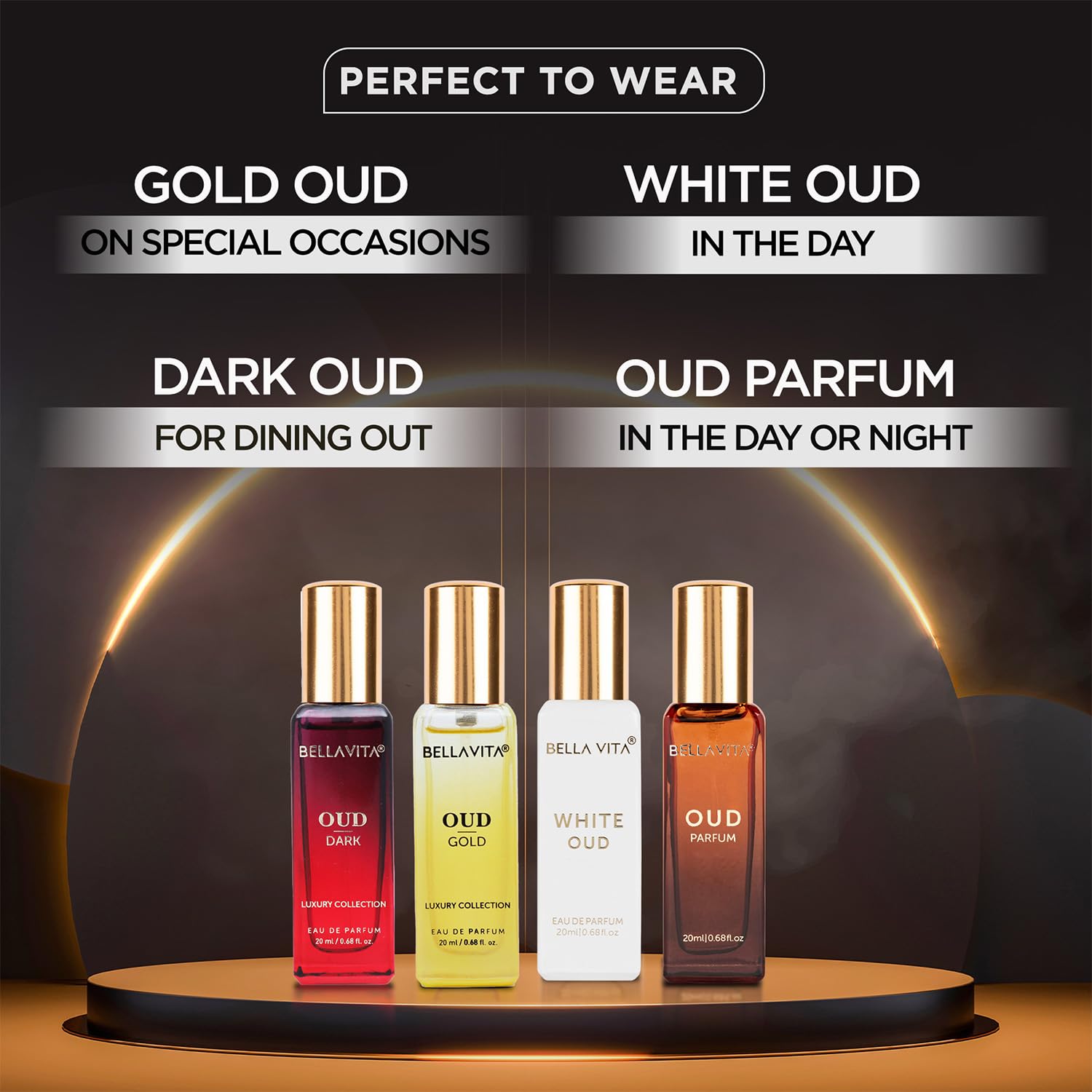 Luxury OUD Experience Eau De Parfum Set de regalodescubrimiento para mujeres y hombres (4 x 0.68 onzas líquidas)  Oud, Oud Gold, Oud Dark, White Oud