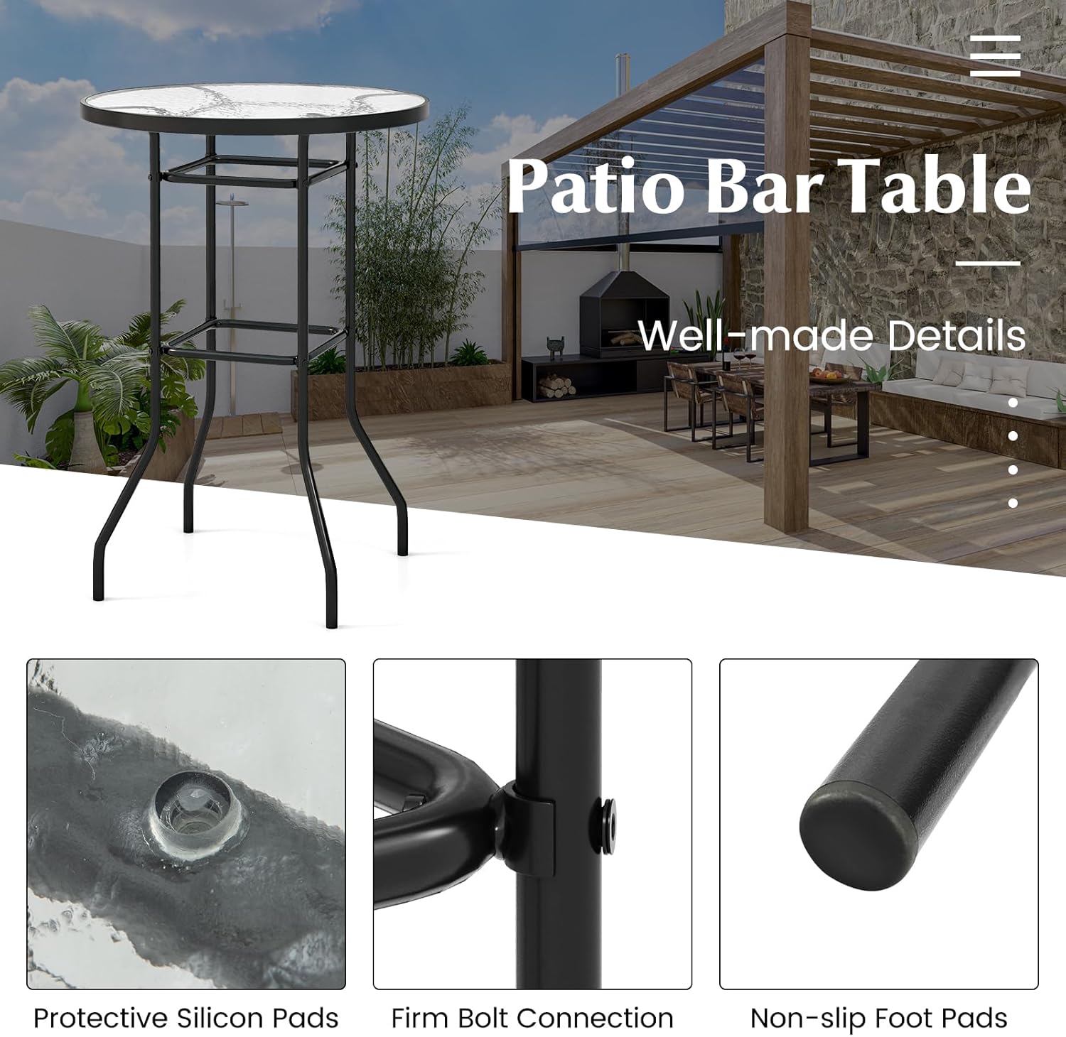 Tangkula Mesa de bar para patio, mesa redonda de altura de mostrador con mesa de vidrio templado y marco de metal resistente, mesa de cóctel al aire