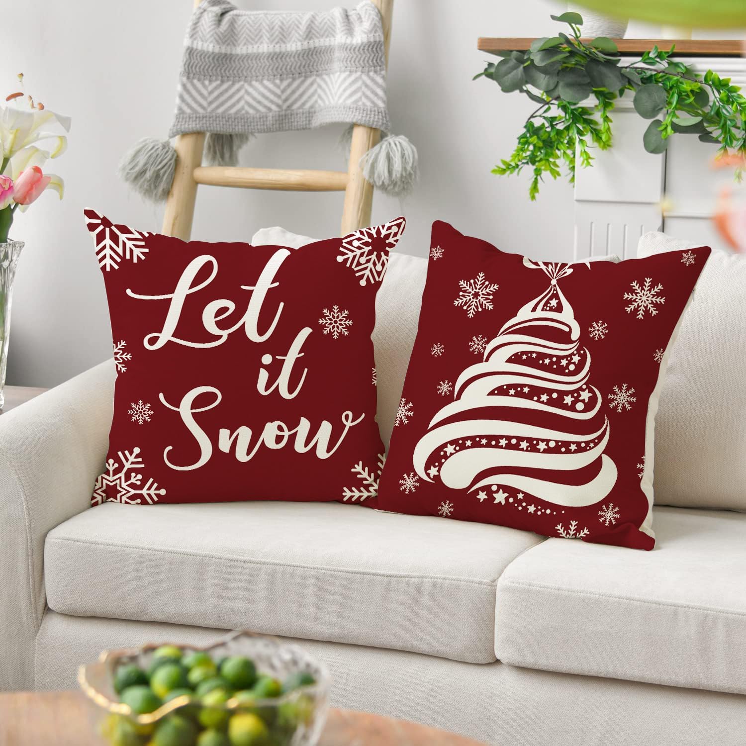 Juego de 4 fundas de almohada de Navidad, 18 x 18 pulgadas, color rojo y blanco, fundas decorativas de invierno para el hogar, sofá, sofá,