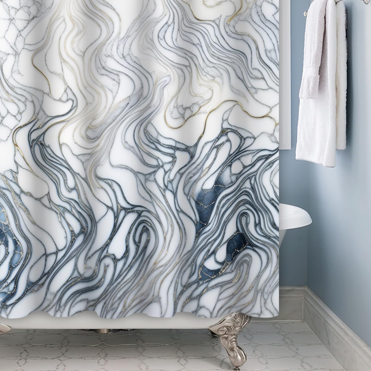 Baocicoo – Cortina de ducha de mármol azul marino y blanco, moderna cortina de ducha bohemia para baño, textura de lujo, decoración de hostal,