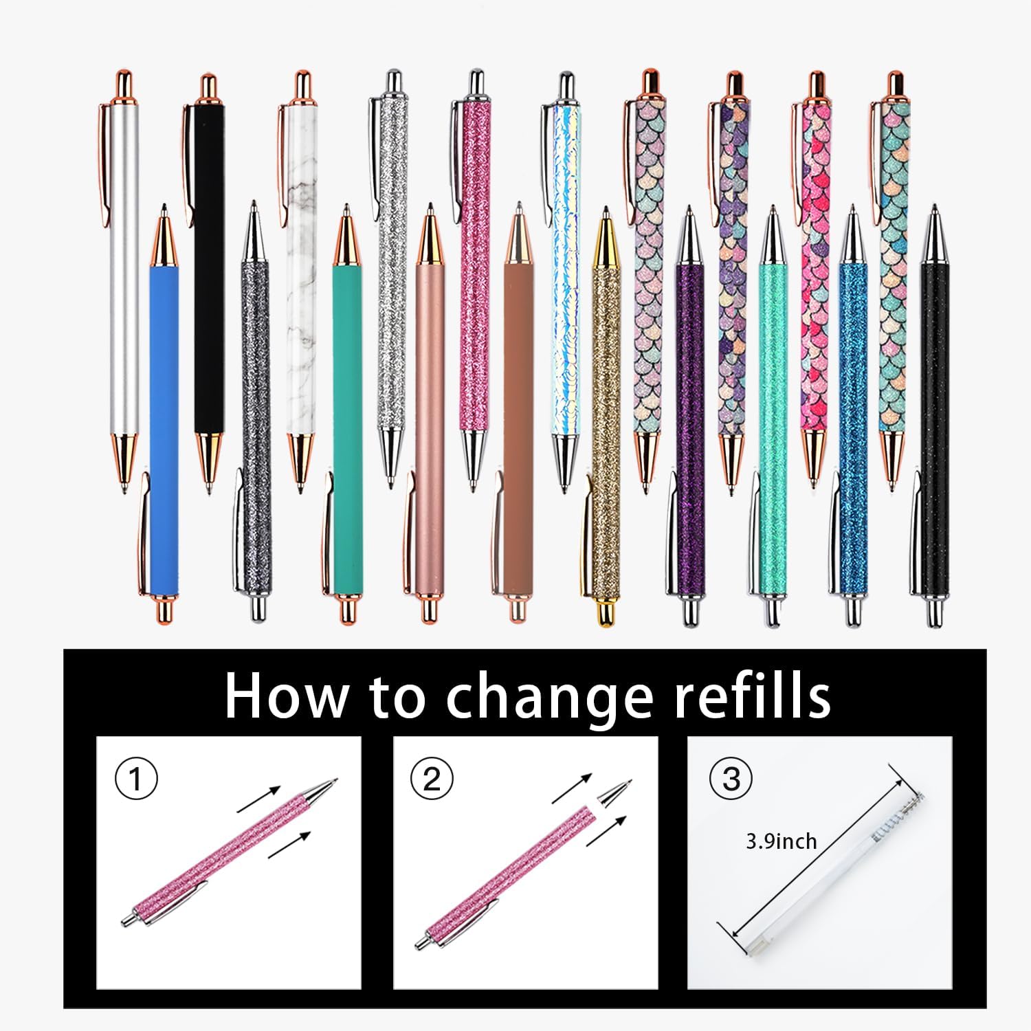 YOUMI 8 Pcs Retractable Ballpoint PenPretty Bling Metal Writing PensBlack Ink Medium Point 1.0 mm Gift Pens, Cute Journaling Pens Office Supplies