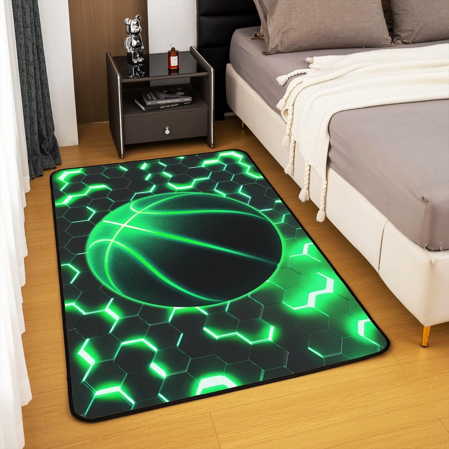 Alfombra de baloncesto de 3 x 5 pies, decoración temática deportiva de panal verde, alfombra que no desprende para niños, adolescentes y adultos,