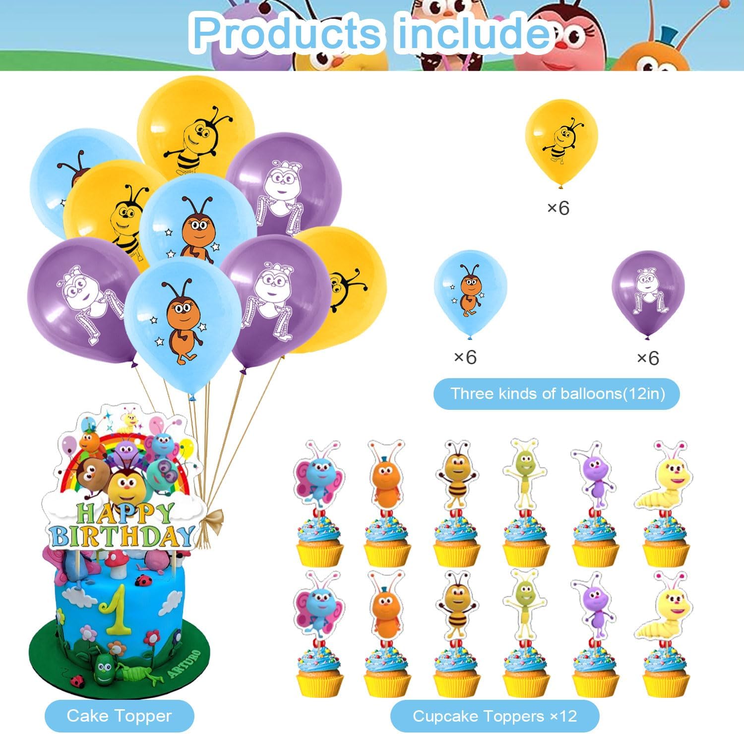 Bichi – Juego de decoraciones para fiestas, divertidos suministros de cumpleaños con temática de Bichi para niños, insectos de dibujos animados,