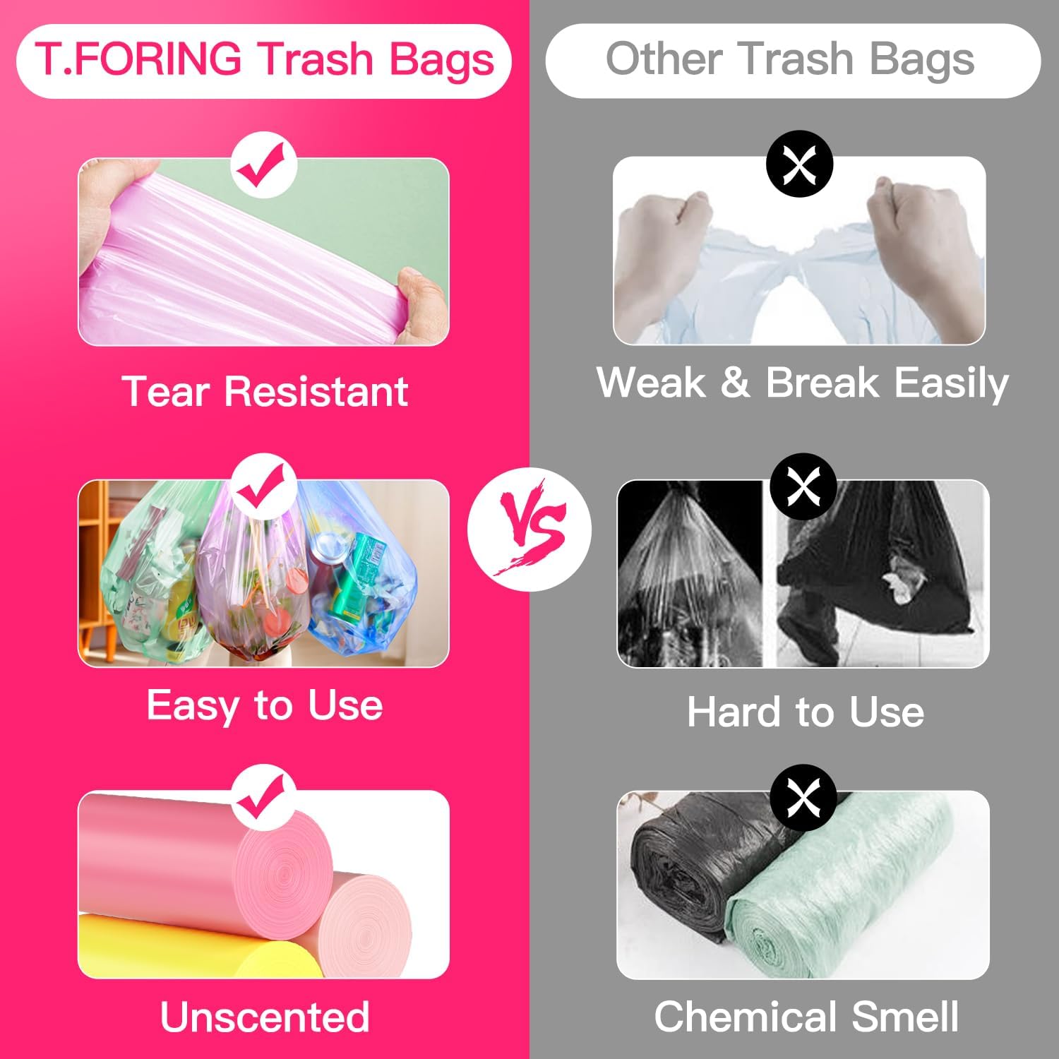 T.FORING Bolsas de basura de 1 a 3 galones  300 bolsas de basura pequeñas sin perfume para baño, dormitorio, oficina y automóvil, colorido, fuerte y