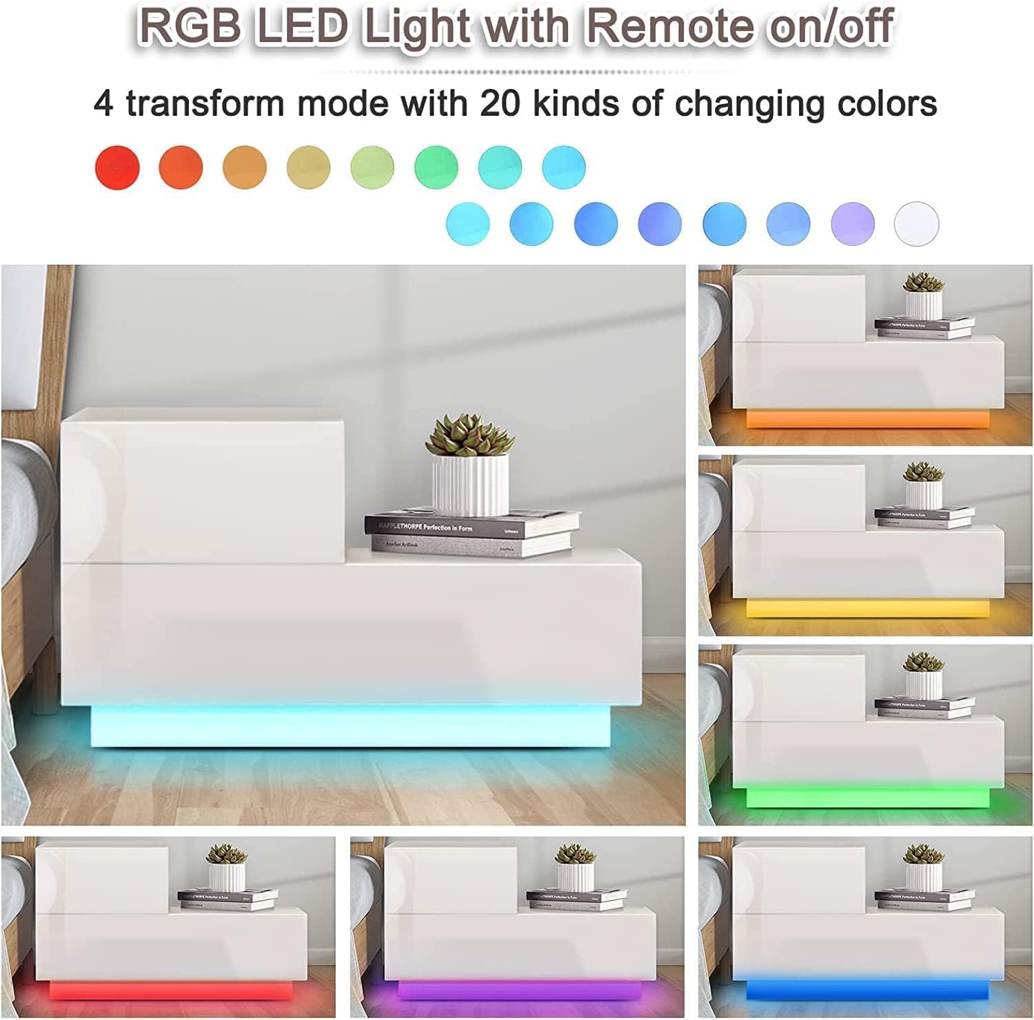 HOMMPA Mesita de noche LED pequeña, moderna mesa de noche blanca de alto brillo con 2 cajones, mesita de noche con luz LED, mesa auxiliar con