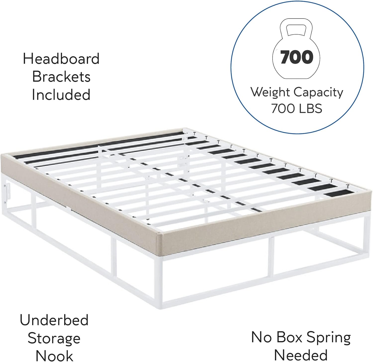 Classic Brands Capri – Base de cama con plataforma de metal blanco con base de colchón tapizada beige integrada, tamaño Queen