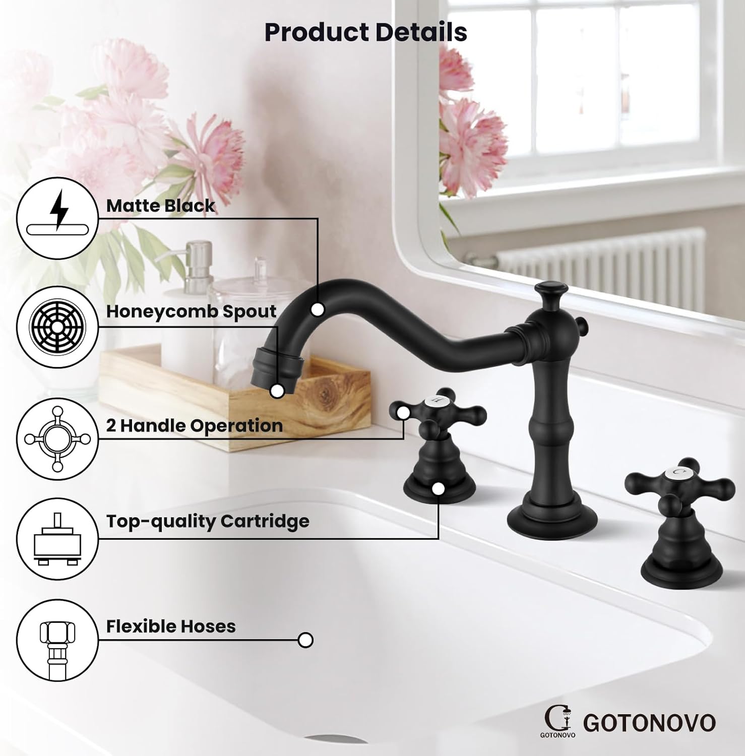 gotonovo Grifo de lavabo de baño negro mate de 3 agujeros con desagüe emergente de dos manijas extendidas de doble cruz pomos mezcladores montaje en