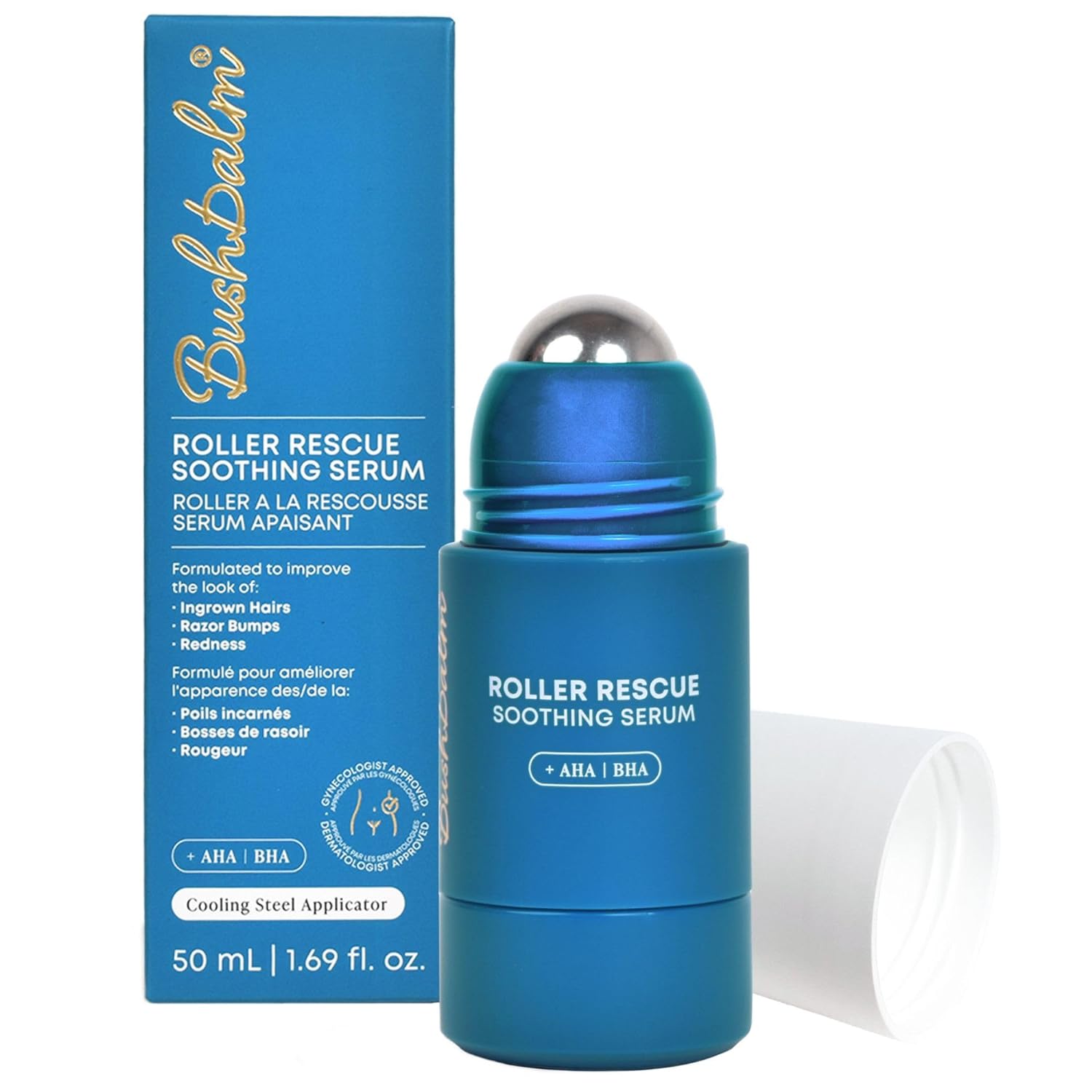 Bushbalm Roller Rescue – Suero para cabello encarnado, incluye AHA y BHA, exfoliante, calmante, refrescante para zonas íntimas, axilas, ayuda con
