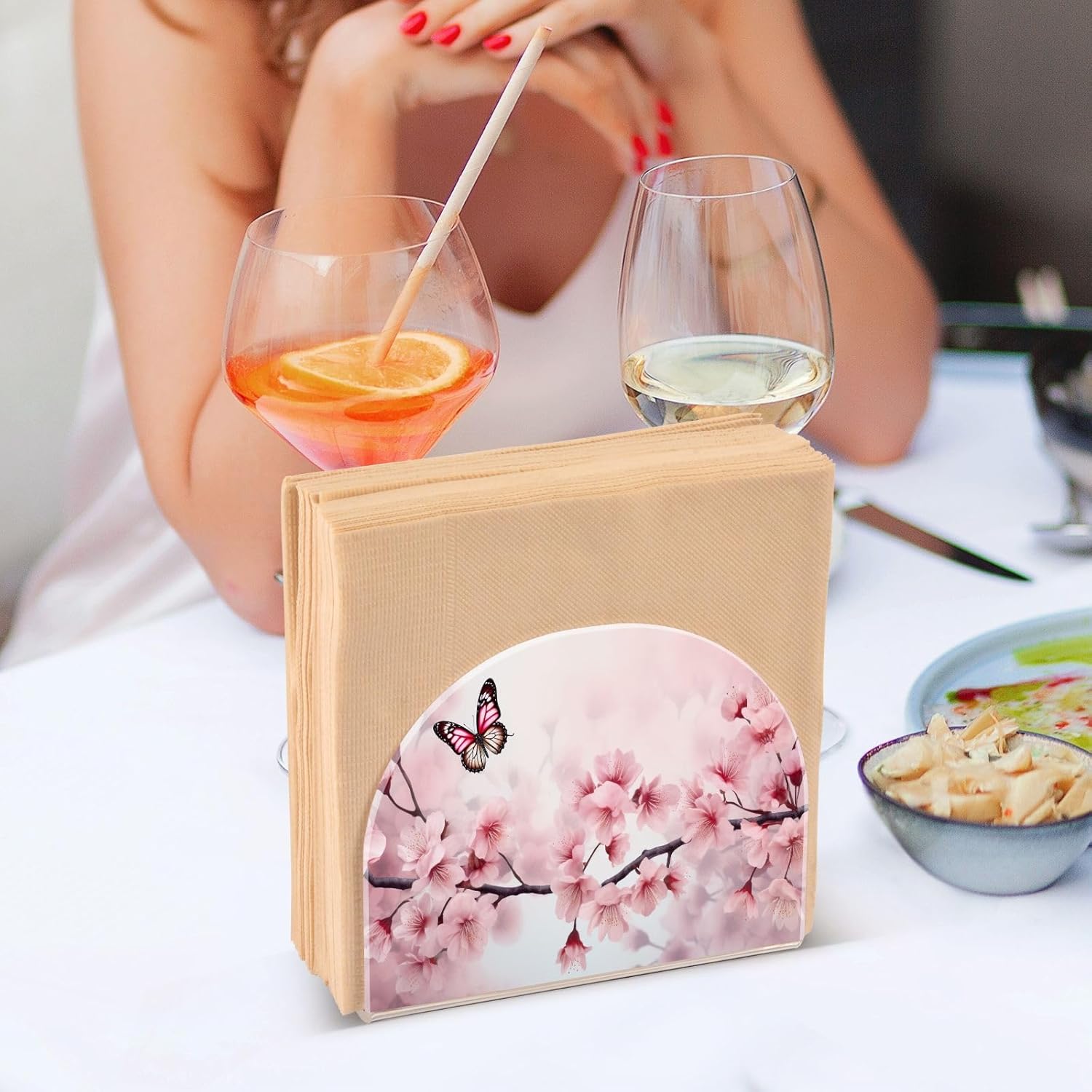 Servilletero de mariposa con diseño de flores de cerezo para colocar de pie, servilleteros modernos y verticales, para fiestas, casa de campo,