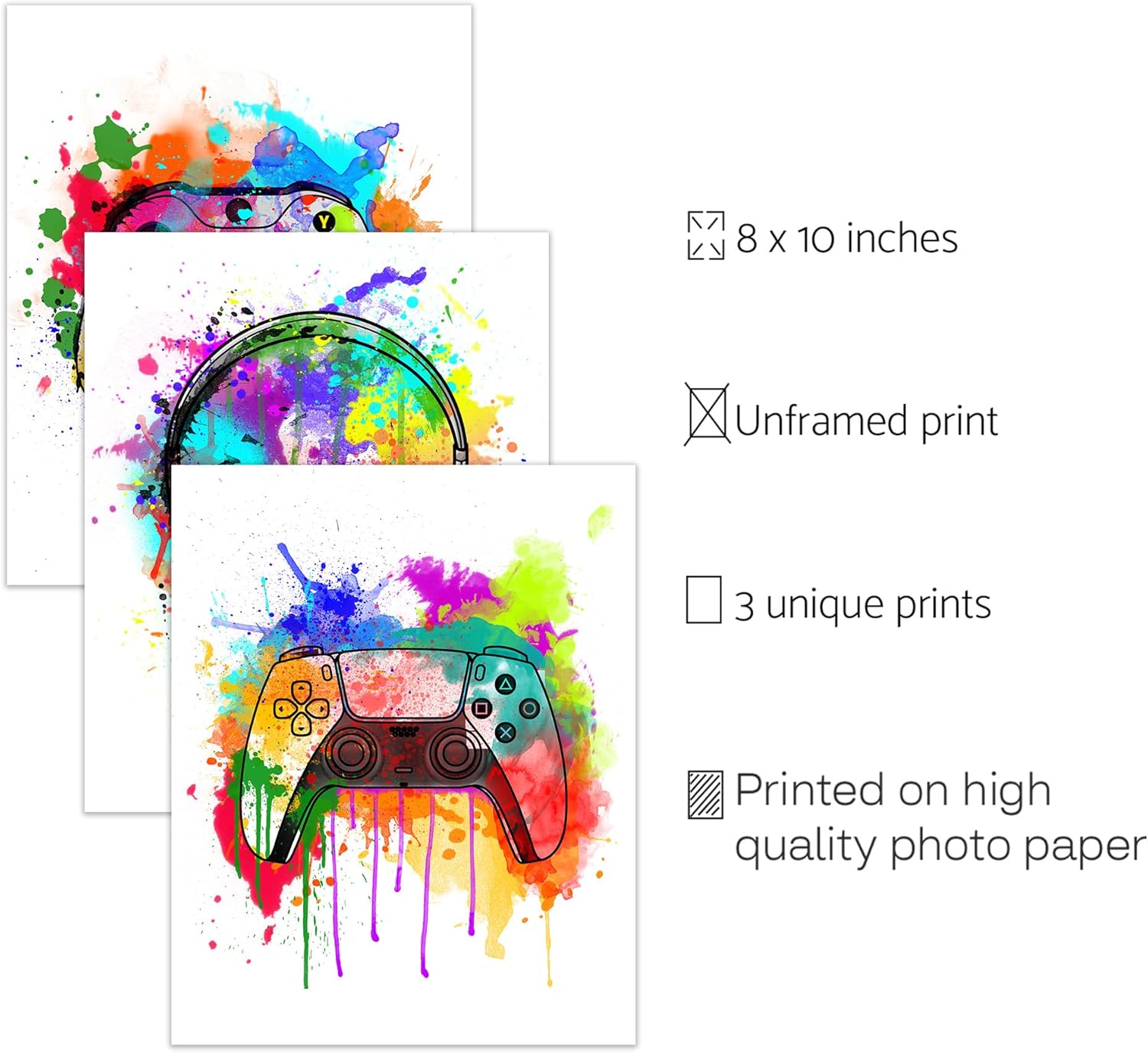 HerZii Prints Juego de 3 pósteres de acuarela para juegos (8 x 10), decoración de pared de habitación de niños para dormitorio, accesorios de sala