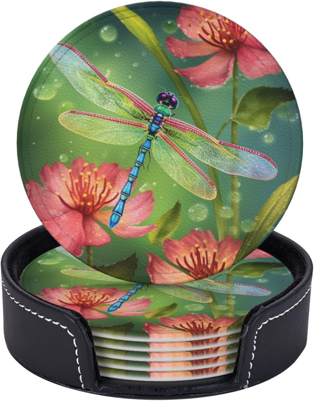 Juego de 6 posavasos de cuero con soporte para bebidas con estampado de libélulas y flores, posavasos redondos para decoración de mesa auxiliar