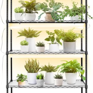 BreeRainz Estante para plantas con luces de crecimiento, soporte de metal de 4 niveles con capacidad de 90 libras para cada estante, longitud de BreeRainz Estante para plantas con luces de crecimiento, soporte de metal de 4 niveles con capacidad de 90 libras para cada estante, longitud de