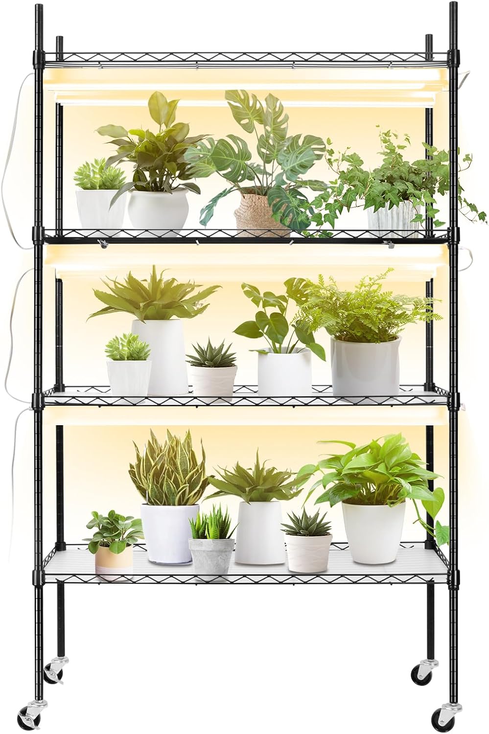 BreeRainz Estante para plantas con luces de crecimiento, soporte de metal de 4 niveles con capacidad de 90 libras para cada estante, longitud de