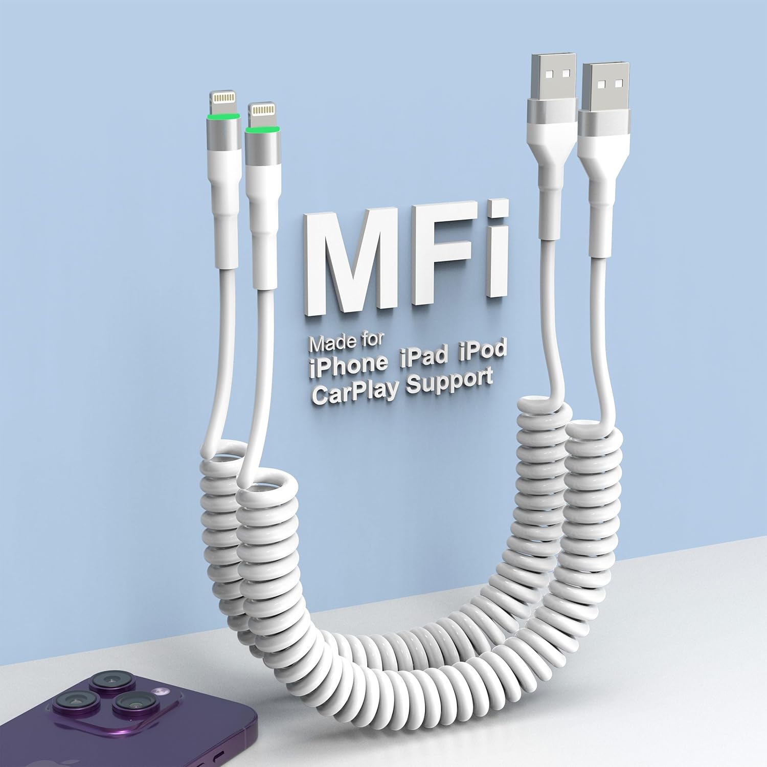 Cable USB a Lightning en espiral, cable de carga para iPhone de 5 pies para automóvil, certificado Apple MFi y sincronización de datos, para Apple