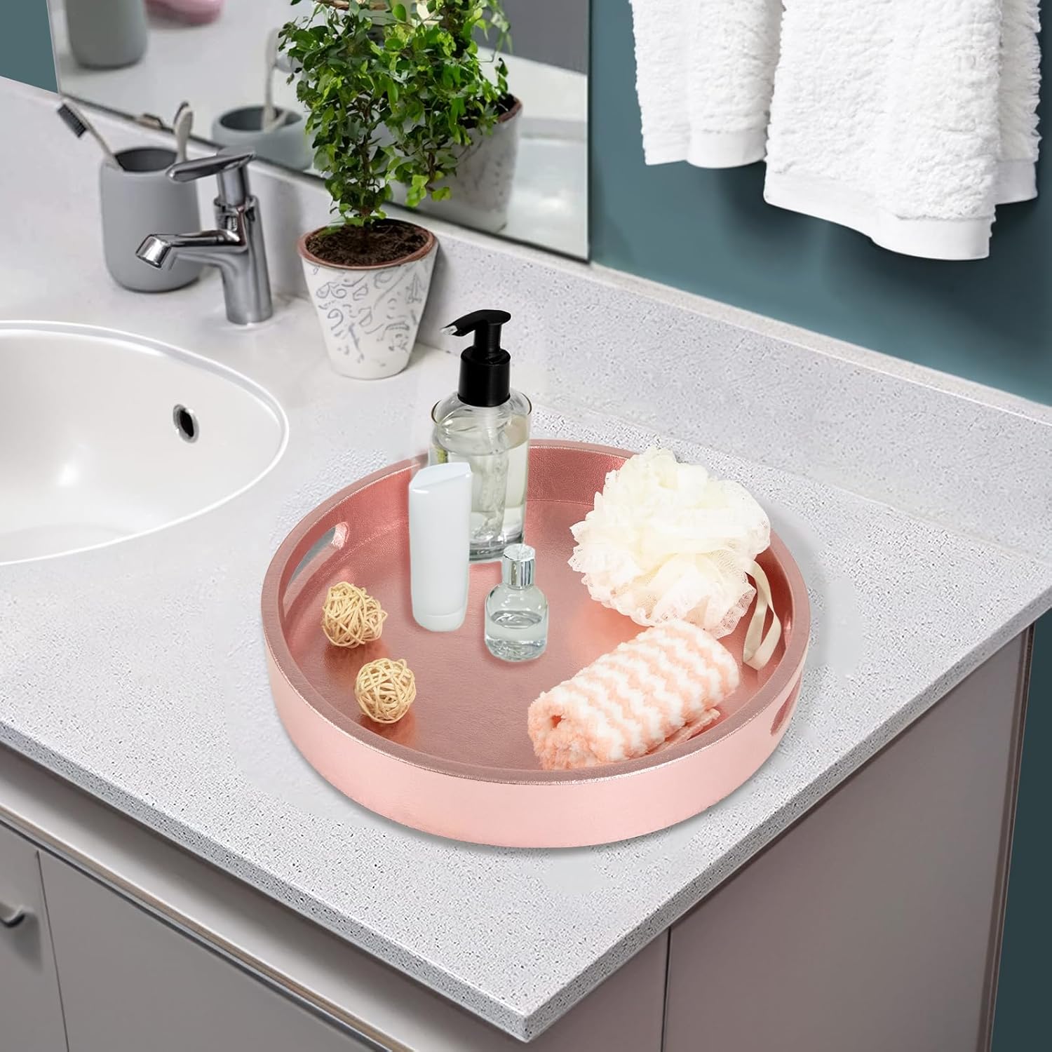 MAONAME Bandeja decorativa rosa de 13 pulgadas, bandeja de servicio de piel sintética con asas, moderna bandeja de mesa auxiliar para otomana,