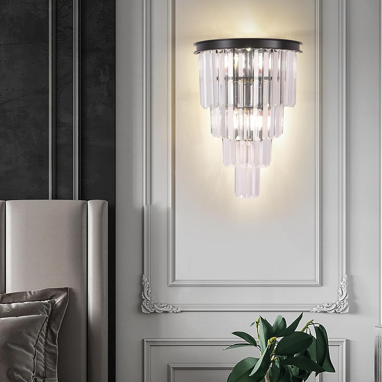 DOYFDOX Aplique de pared de cristal negro, moderno K9 de 4 niveles, lámpara de pared de cristal transparente para sala de estar, dormitorio, espejo,
