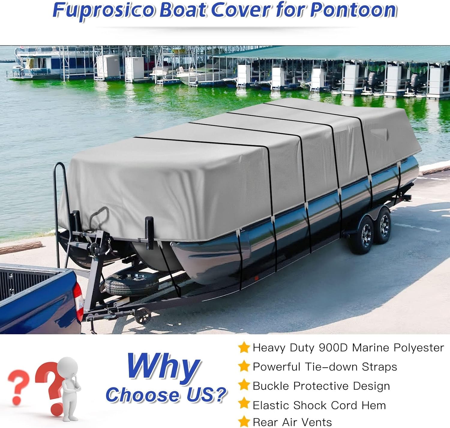 Fuprosico Cubierta de lancha pontón 900D resistente de 17, 18, 19, 20 pies, cubierta de lona impermeable de grado marino mejorada para lanchas