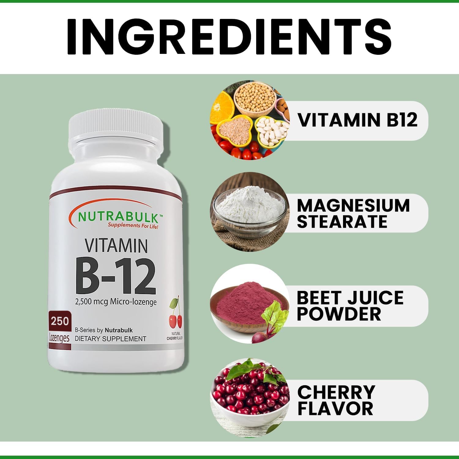 NutraBulk Vitamina B-12 Cápsulas de 2500 mcg Micro-Pastilla  Apoya el bienestar cognitivo y general  Sabor a cereza – Tabletas sublinguales (250