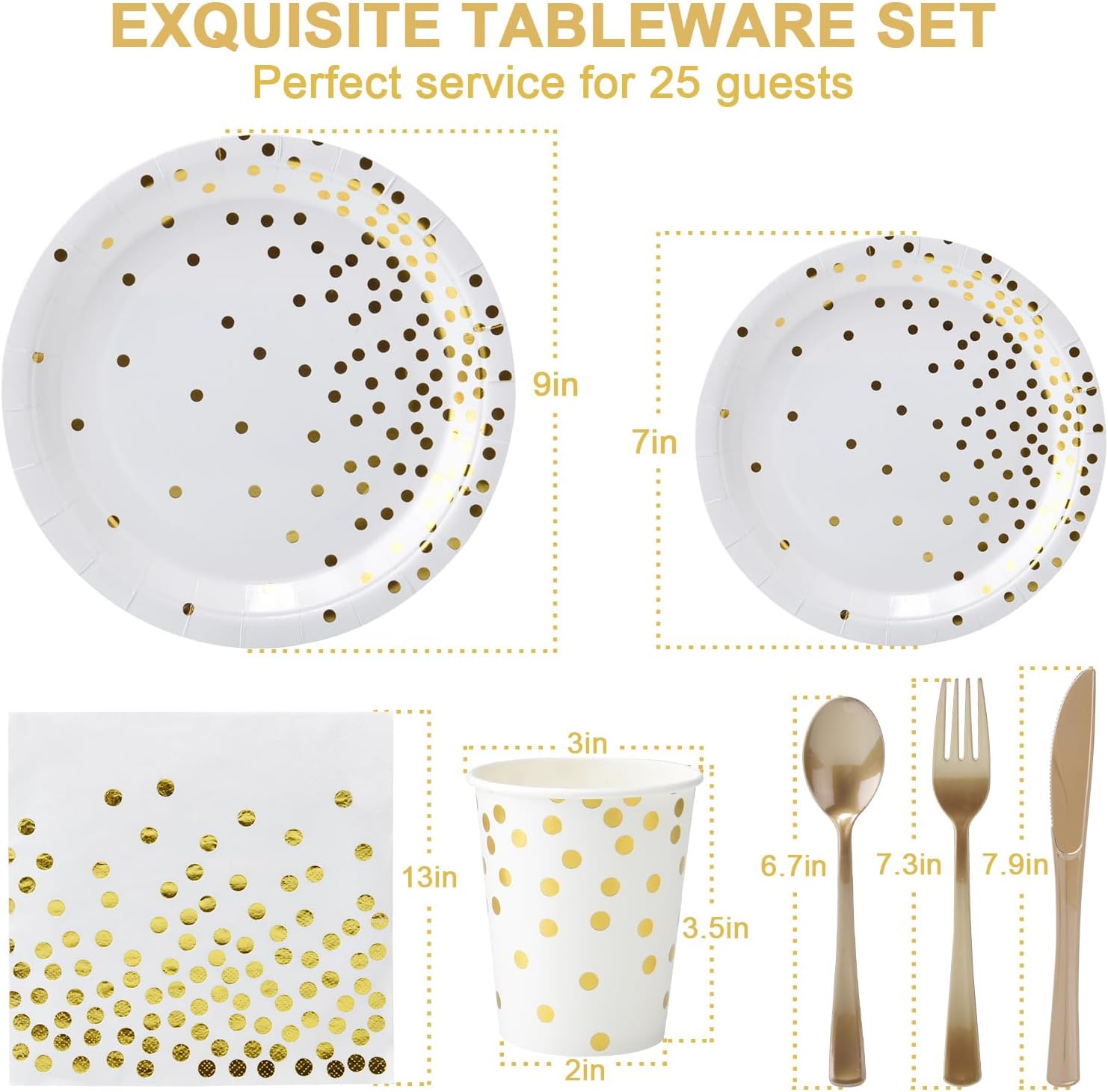 Suministros de fiesta blancos y dorados, juego de vajilla desechable de 168 piezas para 25, platos de papel blanco, servilletas, vasos, tenedores de
