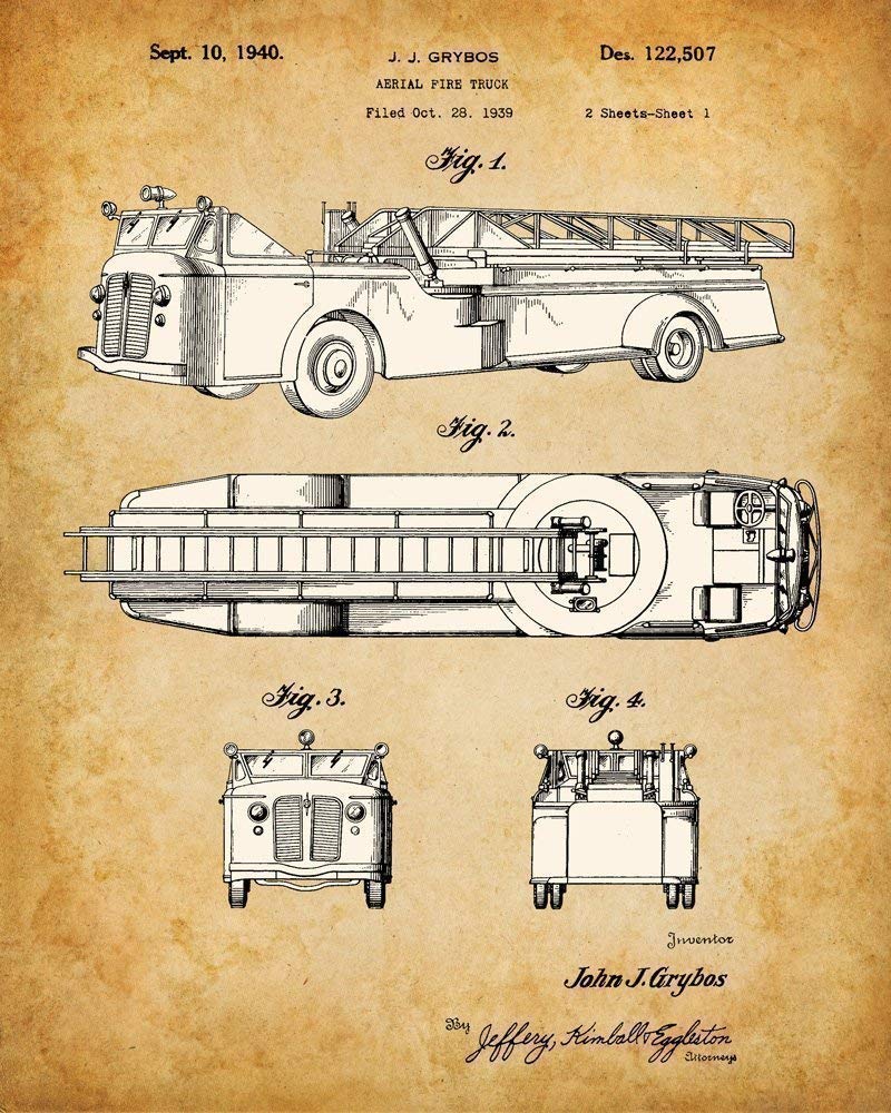 Original Fire Fighter Patent Art Prints – Set of Four Photos (8×10) Unframed – Makes a Great Fire Station Decor and Gift Under $20 for Firefighters