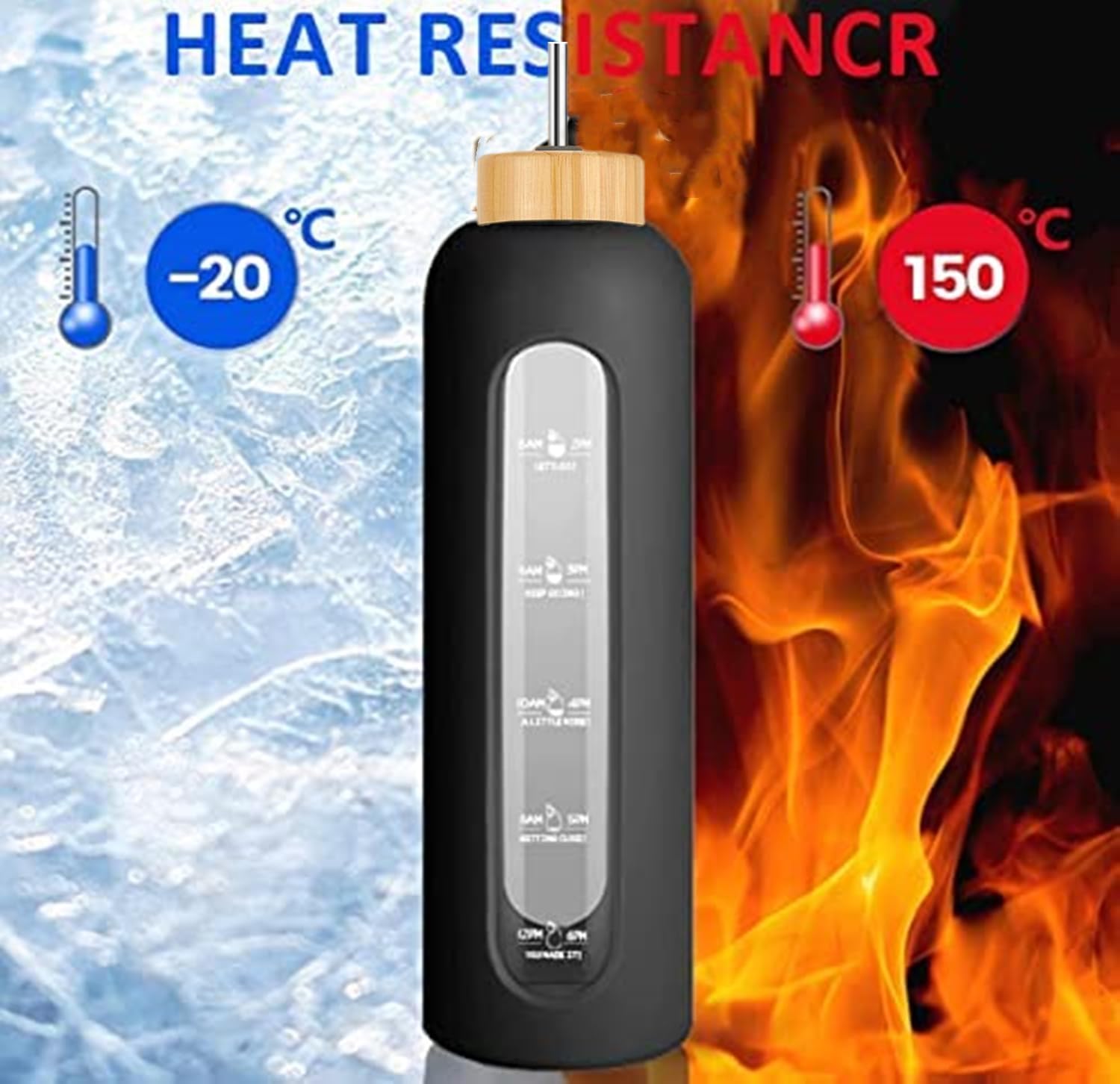 Botellas de agua de vidrio de 32 onzas con pajilla, botella de agua de vidrio motivacional con marcador de tiempo y funda de silicona (gris)