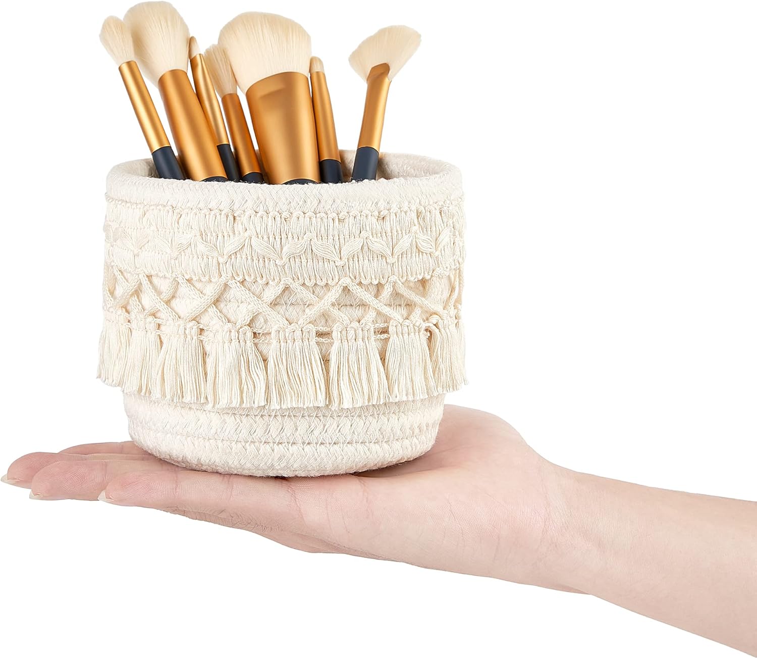 Mkono Soporte para brochas de maquillaje de macramé y cubierta de caja de pañuelos, decoración bohemia para baño, dormitorio, tocador, sala de
