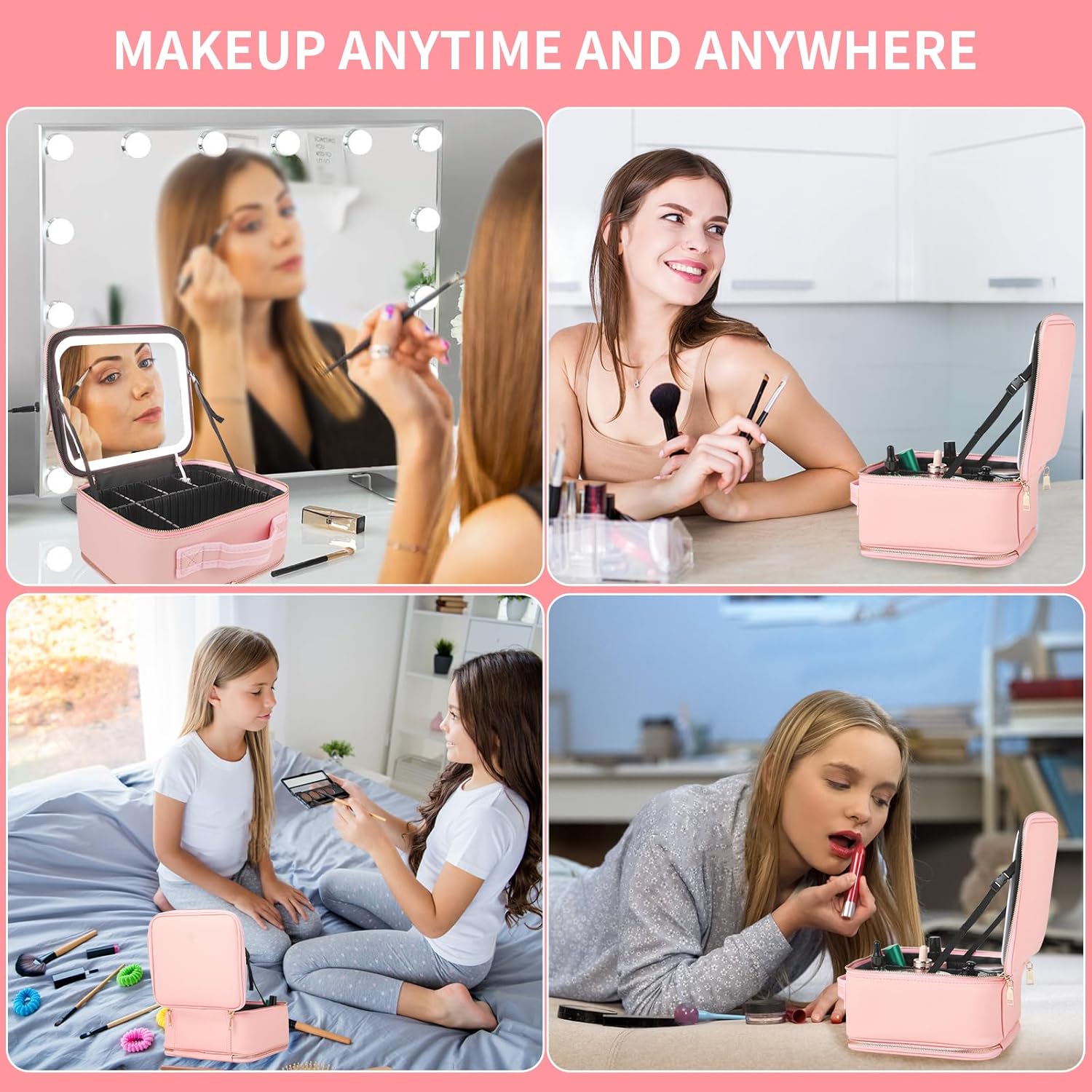 Bolsa de maquillaje con espejo LED y soporte para joyas, estuche de maquillaje de viaje con espejo iluminado, bolsa de maquillaje de viaje con