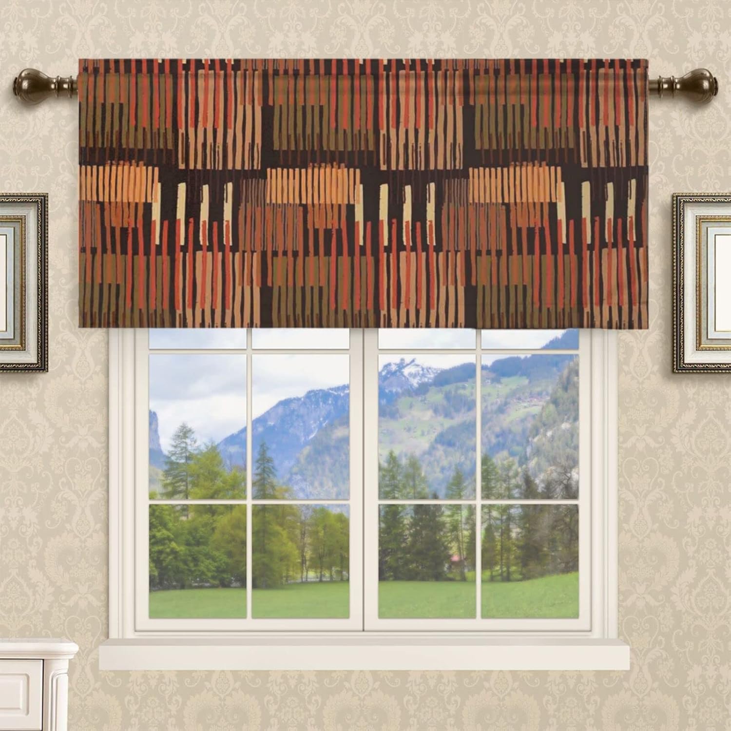 Cenefa de ventana con temática geométrica, cenefa de cortina opaca con patrón de rayas para decoración de cocina y dormitorio con bolsillo para