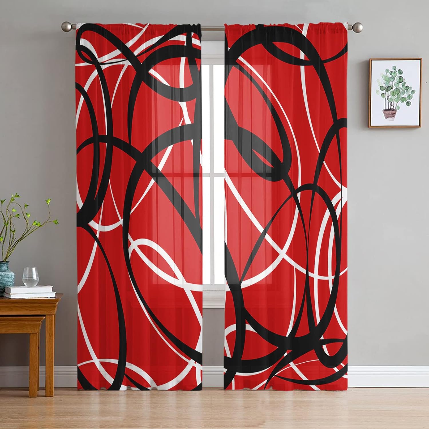Sheer Curtains 108 Inch Long Red Black White Modern Abstract Art Lines Rod Pocket Voile Semi-Sheer Window Treatment Drapes for Living Room Window