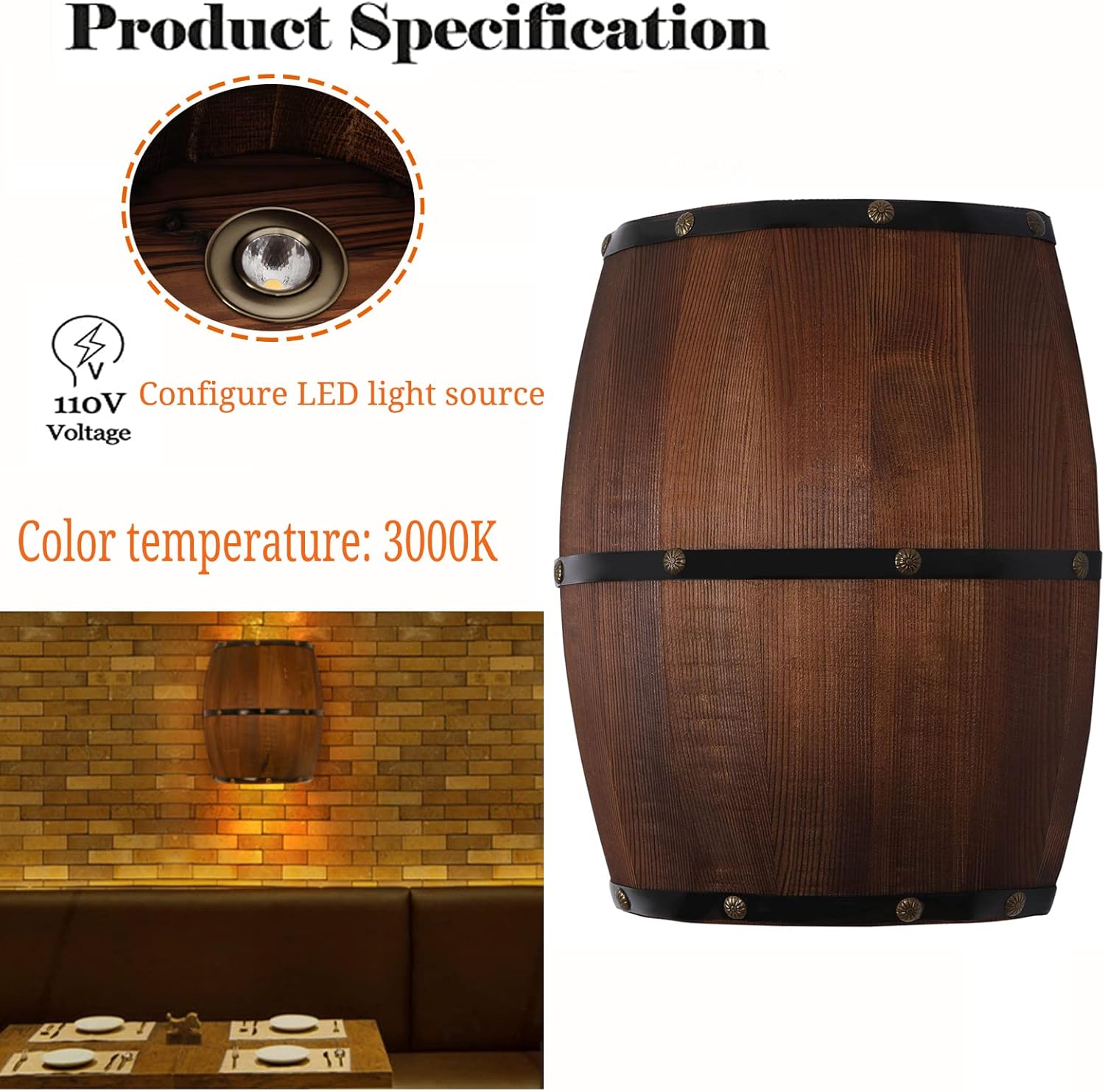 Aplique de pared de barril de vino de madera antigua, lámpara de pared interior para área de bar, tema steampunk, accesorio de iluminación de pared