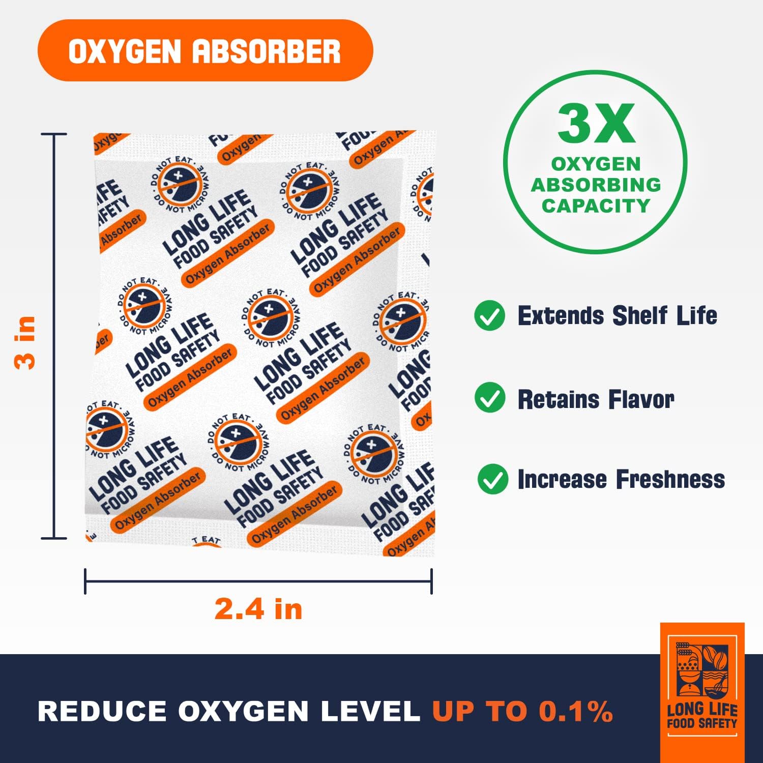 Absorbentes de oxígeno de 3000 cc y 500 cc para almacenamiento de alimentos  3 veces la capacidad de absorción de oxígeno  Extiende la vida útil y