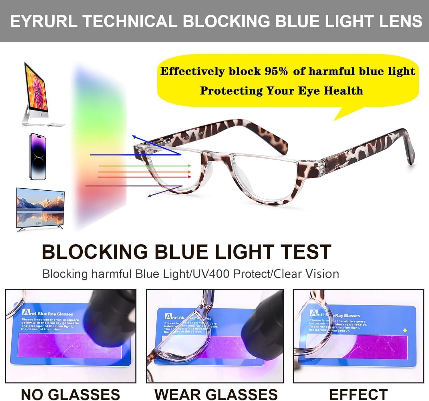EYEURL Lentes de lectura de medio marco para mujer, paquete de 5 lentes de bloqueo de luz azul, a la moda, sin marco, para mujer, lentes anti rayos