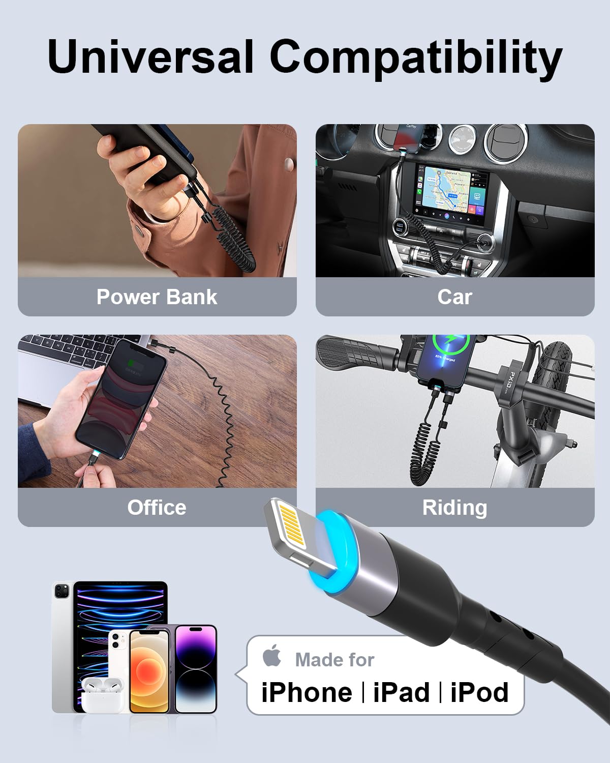 Cable Lightning en espiral, 2 unidades, 3 pies, cable iPhone para automóvil, Apple CarPlay certificado MFi, carga corta USB a Lightning compatible