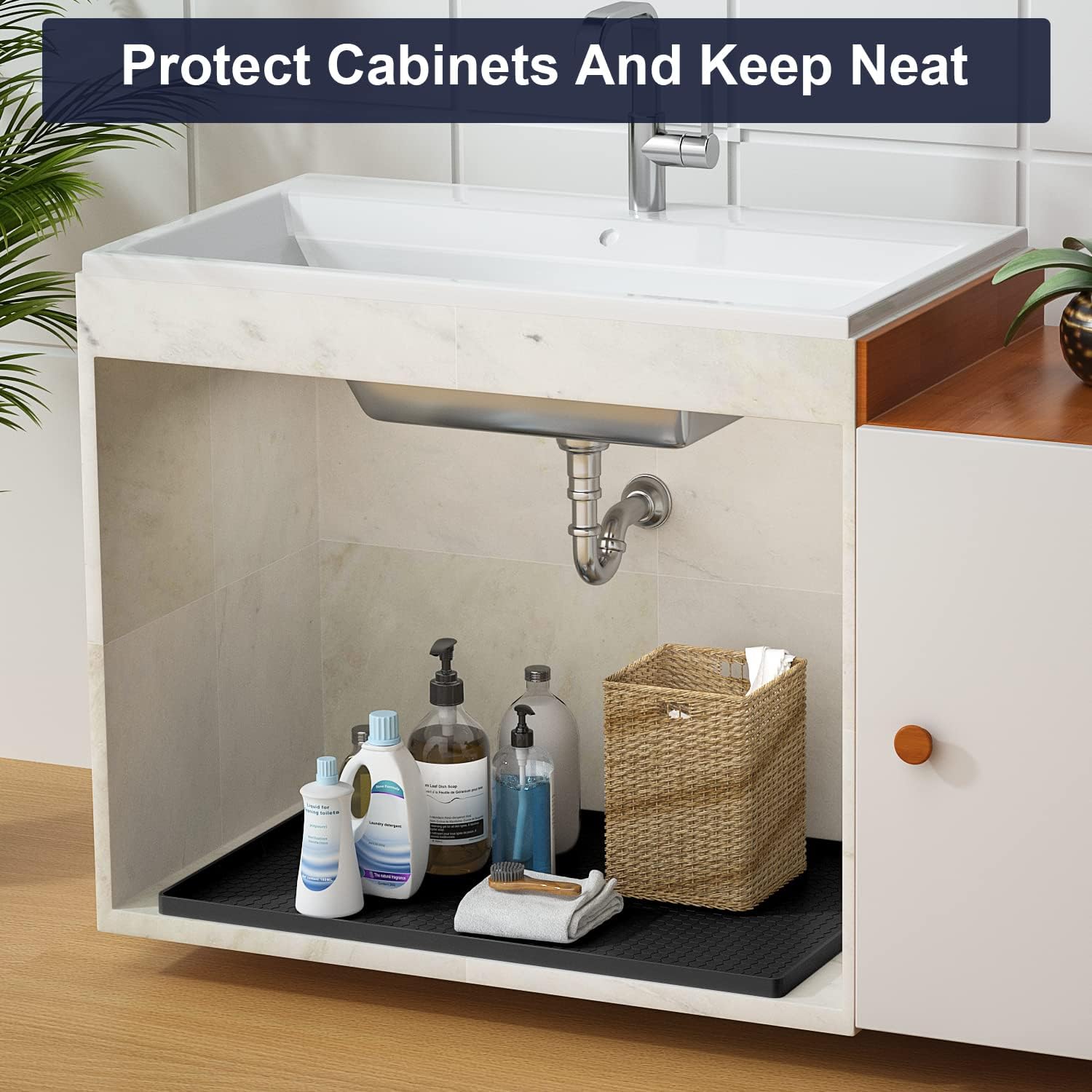 Tapete para debajo del fregadero, tapete impermeable para gabinete de cocina de 31 x 22 pulgadas, forro de silicona flexible para debajo del