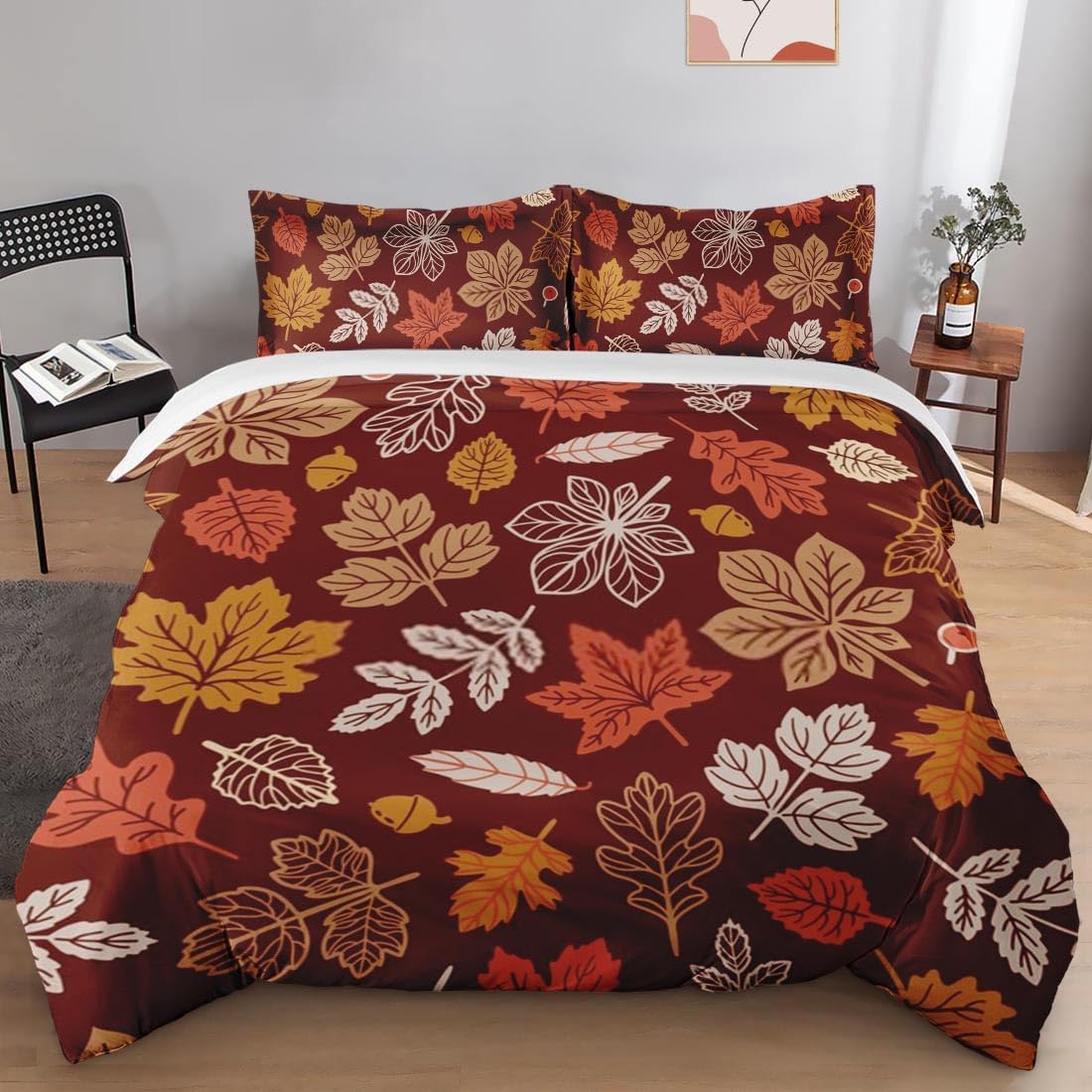 Juego de funda de edredón, juego de ropa de cama de otoño con hojas de otoño y Acción de Gracias para niños y adultos, decoración de dormitorio