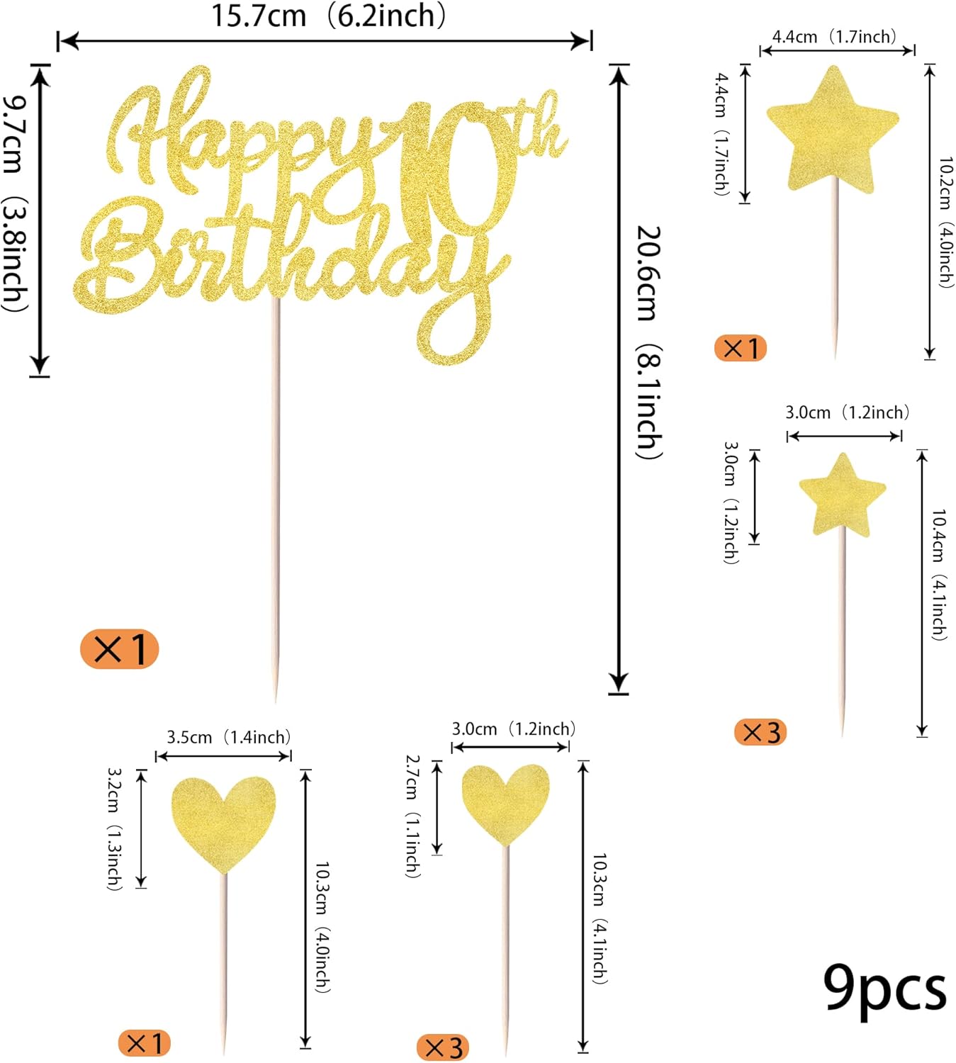 Paquete de 9 decoraciones para tartas de cumpleaños número 10 con purpurina de corazón y estrella para cupcakes, saludos a los 10 años de edad,