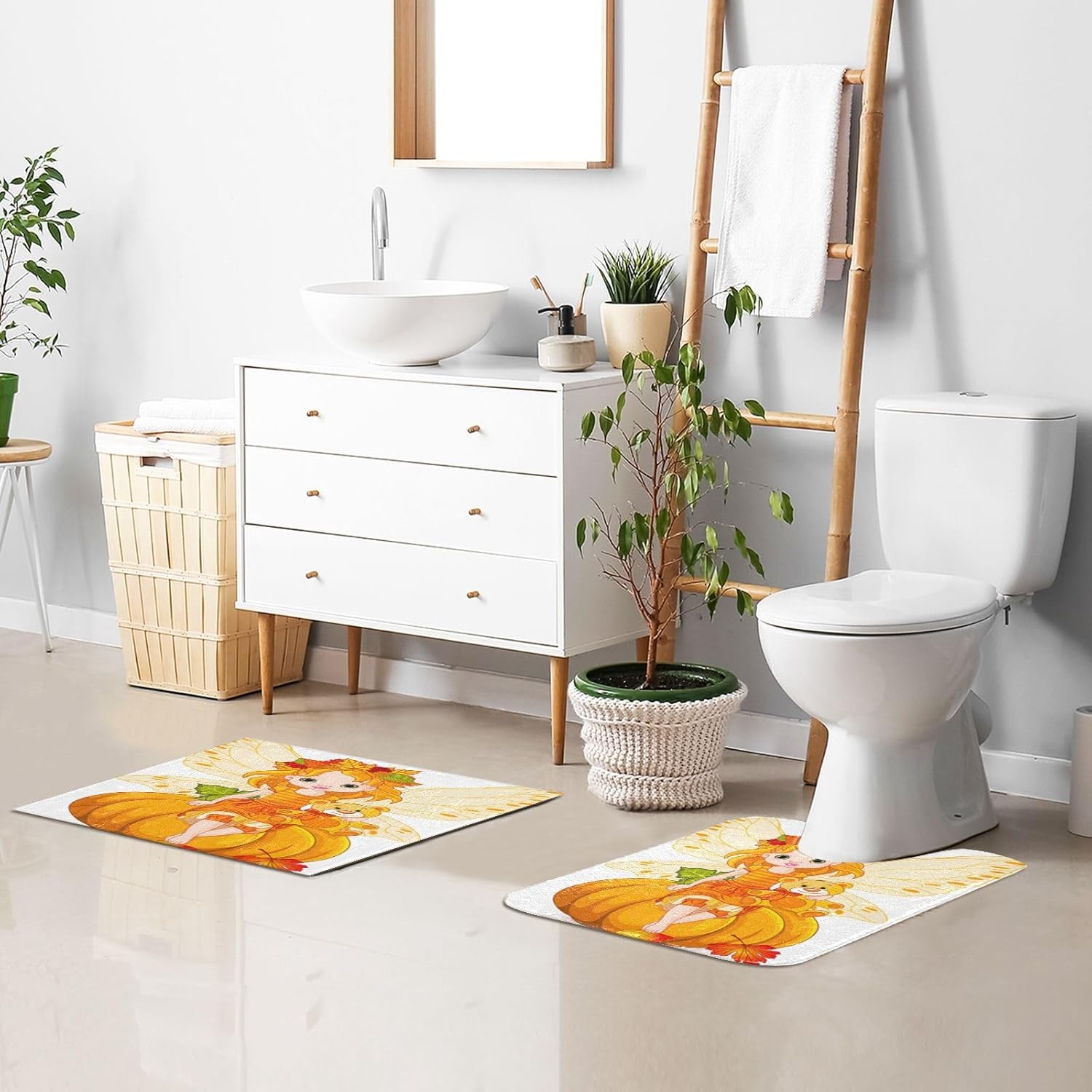 Bathroom Rugs Sets 2 Piece 24×16+24×20 Inch,Soft U-Shaped Contour Toilet Rug Autumn Pumpkin Fairy Non-Slip Absorbent Bath Floor Mat Carpet Set Water