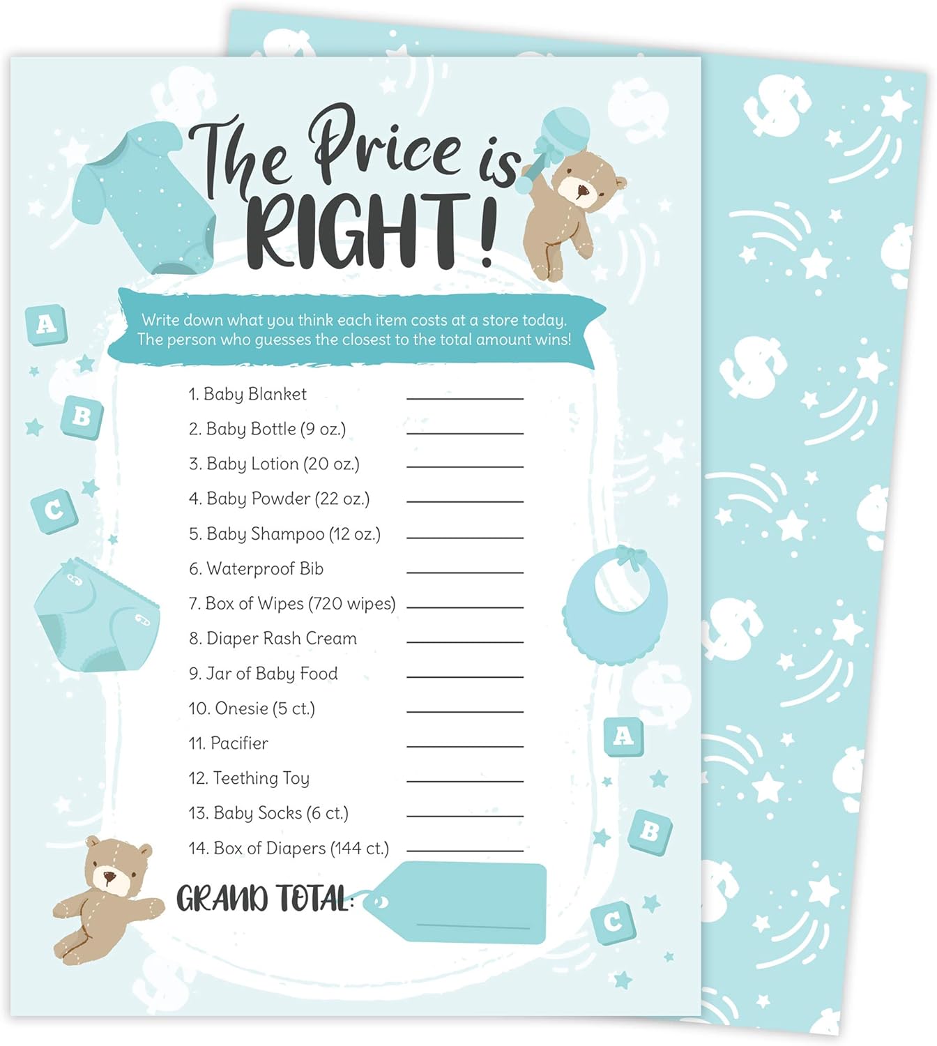 Desert Cactus Price is Right – Juego de baby shower – Juego de adivinanzas para niños y niñas, revelación de género neutro (25 ct Boy)