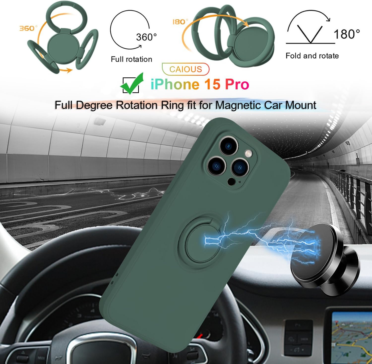 Funda para iPhone 15 Pro (lanzado en 2023), funda de silicona con anillo giratorio de 360, soporte magnético para automóvil, funda protectora con
