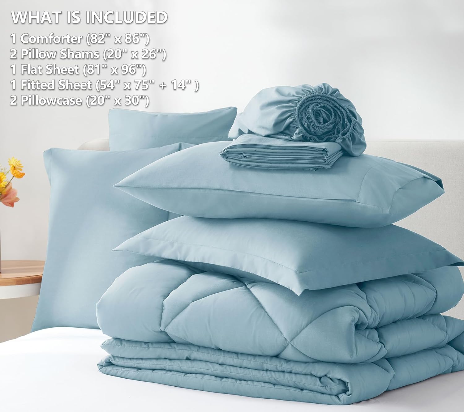 CozyLux Juego de edredón matrimonial con sábanas de 7 piezas, ropa de cama en una bolsa, color azul claro, para todas las estaciones, con edredón,