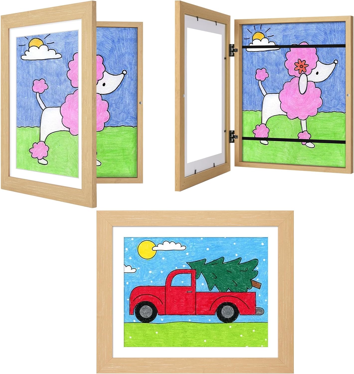 Paquete de 3 marcos de arte en grano de madera para niños, 10 x 12.5 pulgadas con paspartú, 8.5 x 11 pulgadas sin paspartú, apertura frontal