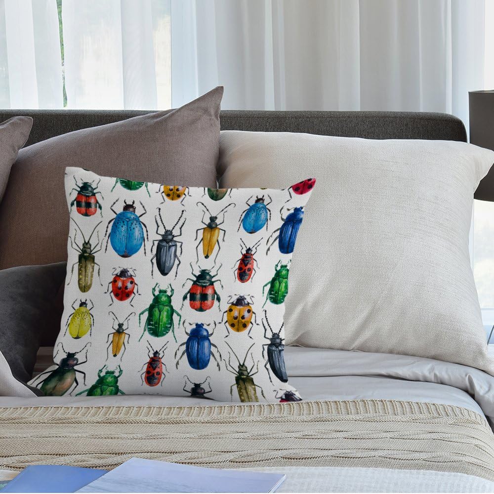 HGOD DESIGNS Beetles – Funda de almohada, decorativa, diseño de escarabajo, acuarela, hexápodo, insecto, algodón, lino, para exteriores, interiores,