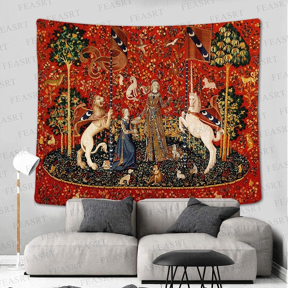 FEASRT Tapiz medieval de princesa de doncella y unicornio, tapiz real europeo, 60 x 51 pulgadas, franela suave, para sala de estar, decoración de