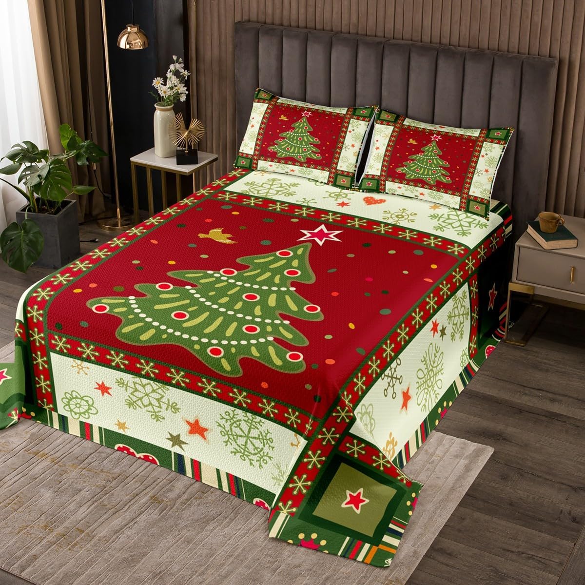Castle Fairy Colcha de árbol de Navidad tamaño King para mujeres adultas, juego de edredón vintage con 2 fundas de almohada, diseño de retazos rojos
