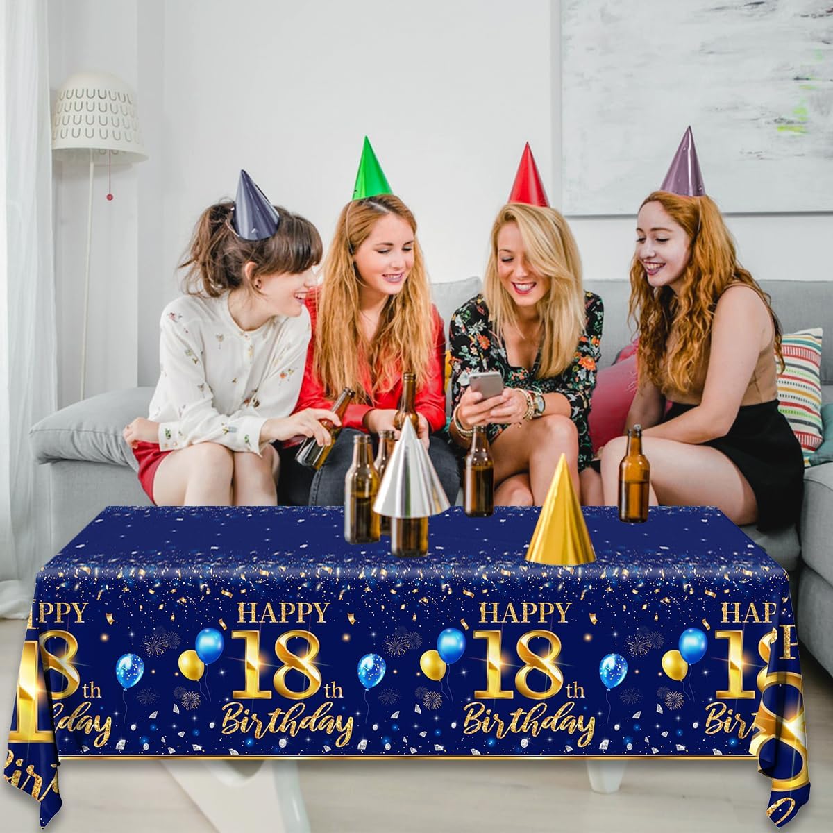 Decoraciones de cumpleaños número 18 para hombre, 3 piezas, color azul marino, fundas rectangulares de plástico impermeables de plástico dorado y